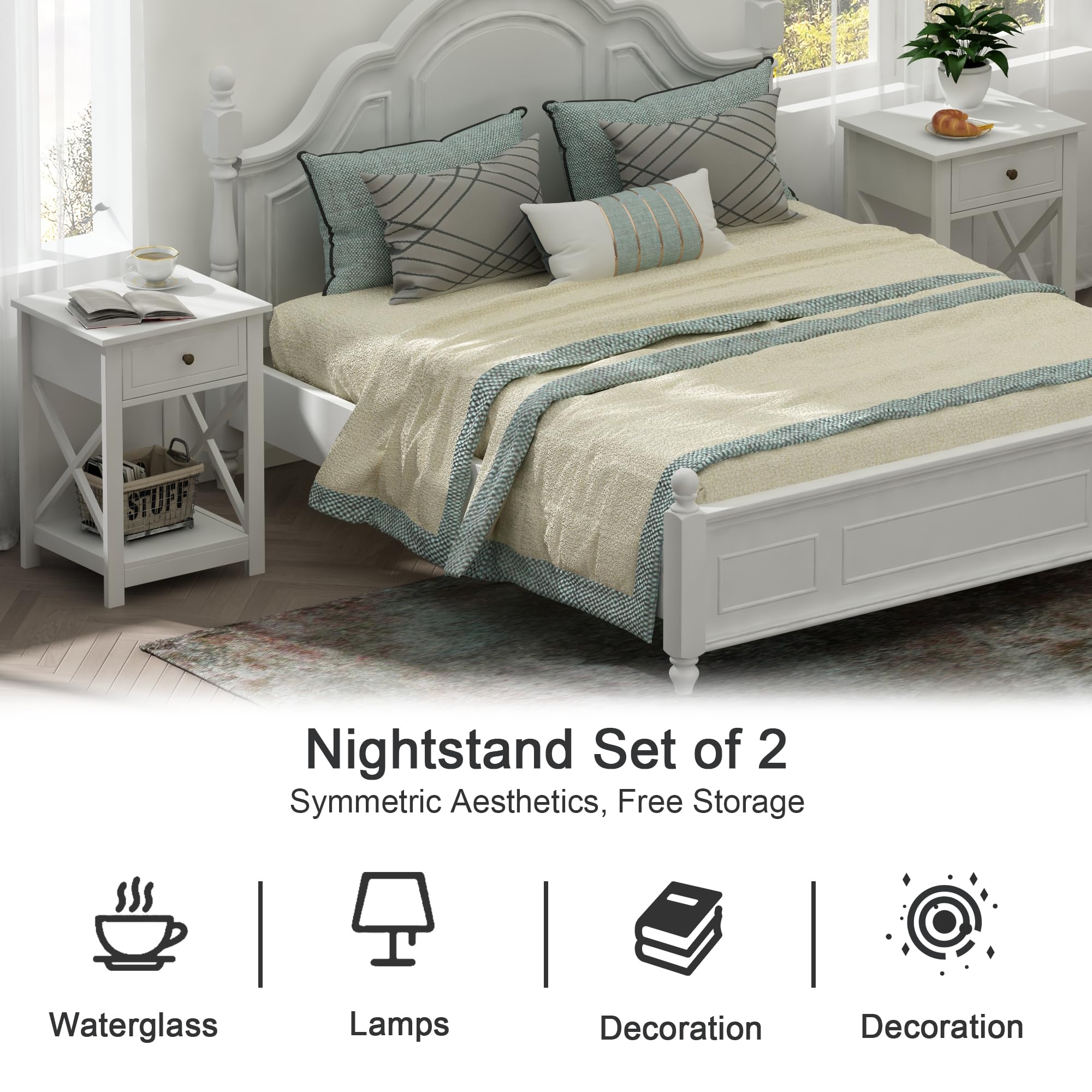 Modern X-Design Nightstand Set of 2 with Drawer and Open Storage