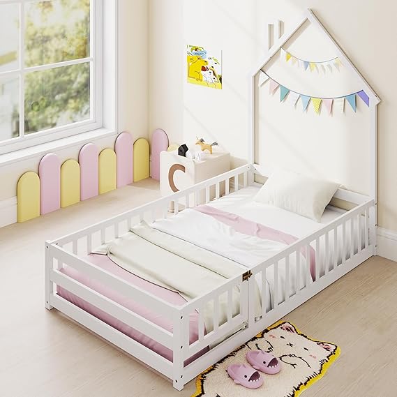 Twin Floor Bed, Montessori House Bed with Full-Length Guardrail