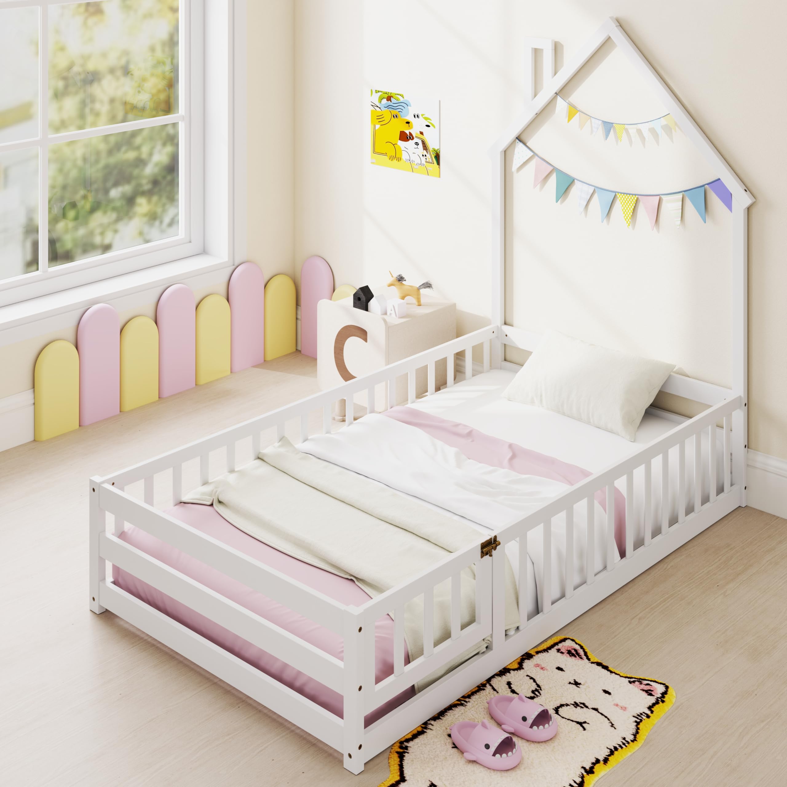 Twin Floor Bed with House-Shaped Headboard and Safety Guardrail