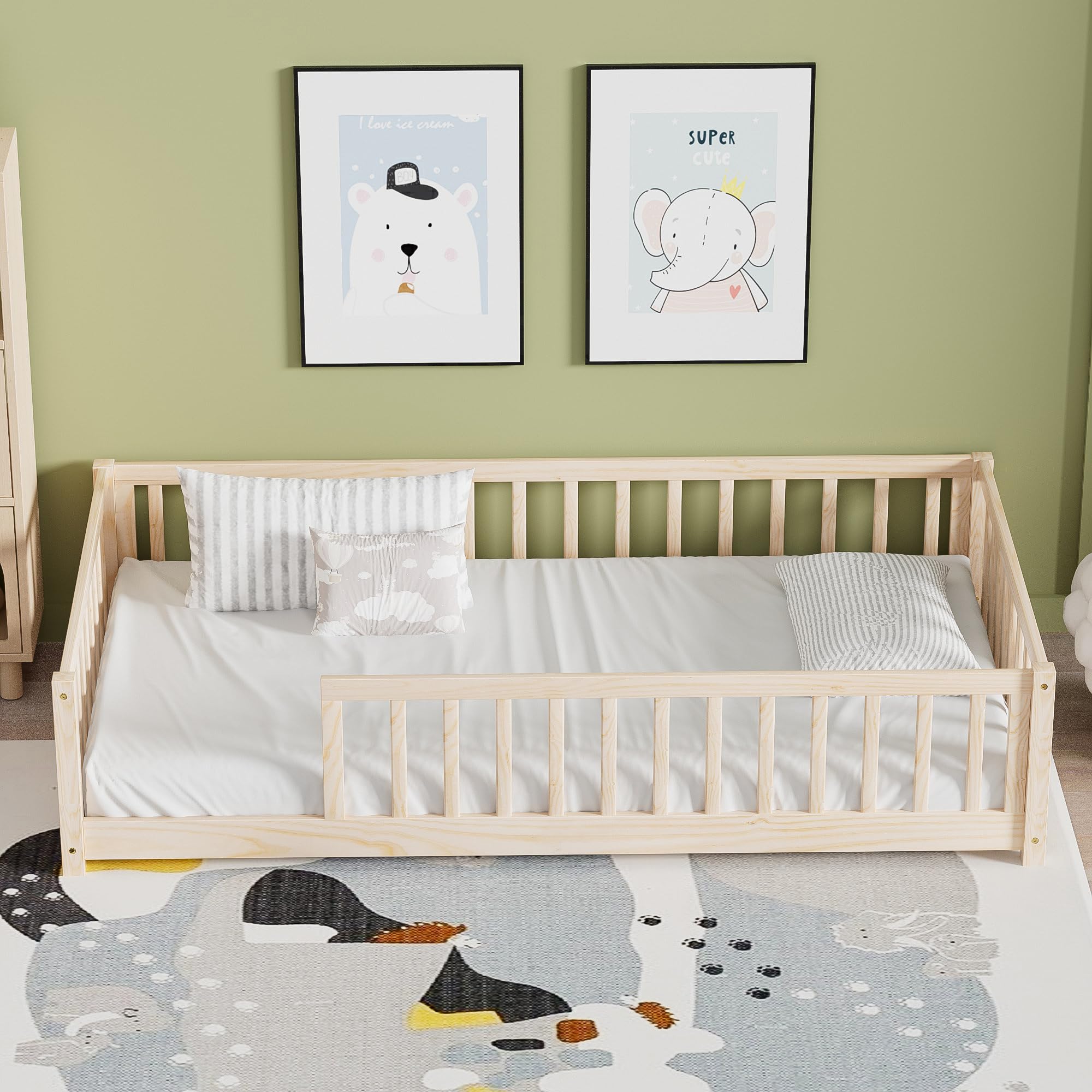 Twin Montessori Floor Bed with Safety Guardrails
