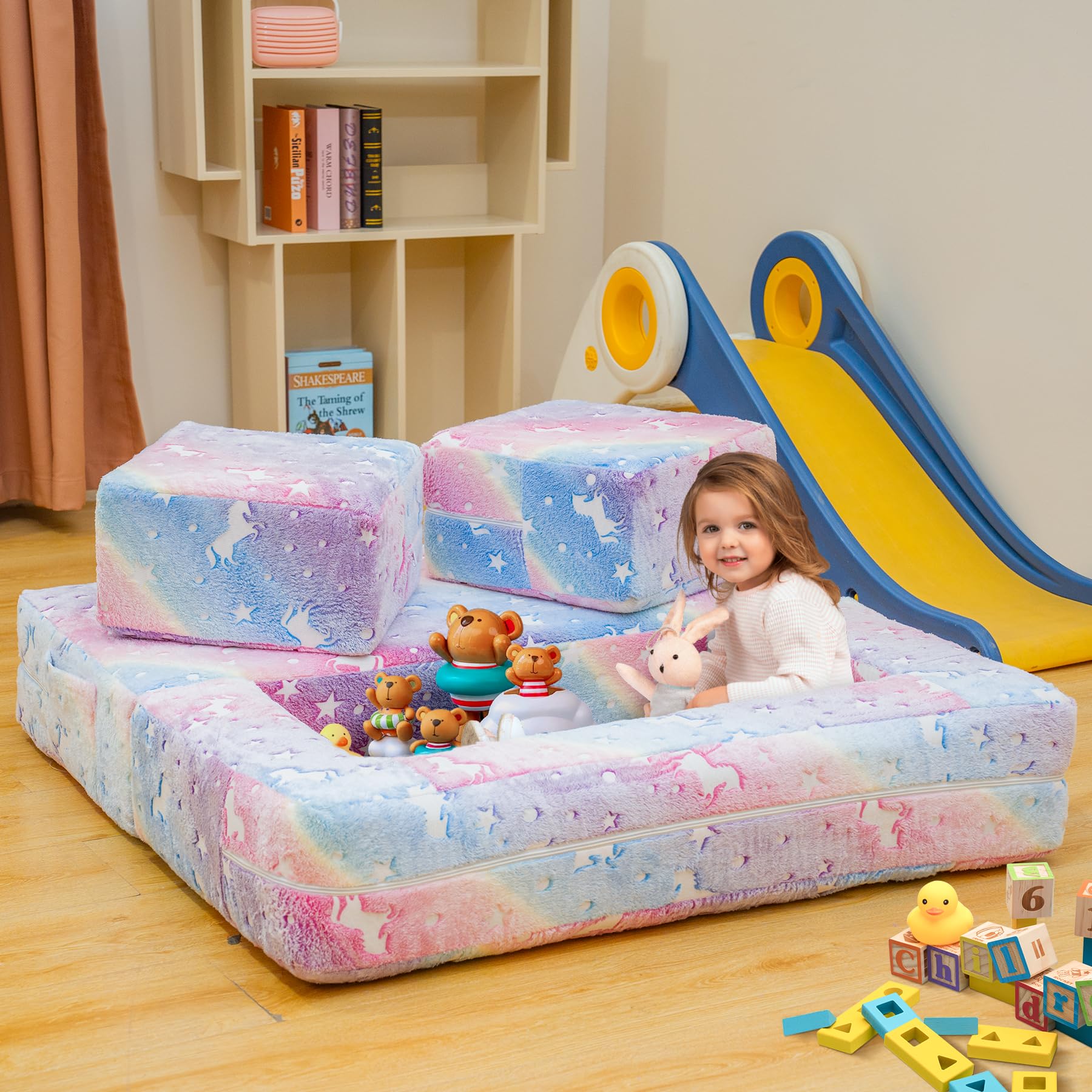 Lamerge Toddler Couch Glow in The Dark Toddler Fold Out Couch for playroom, Convertible Baby Fold Out Play Foam and Floor Cushion for Bedroom (Rainbow+Unicorn)