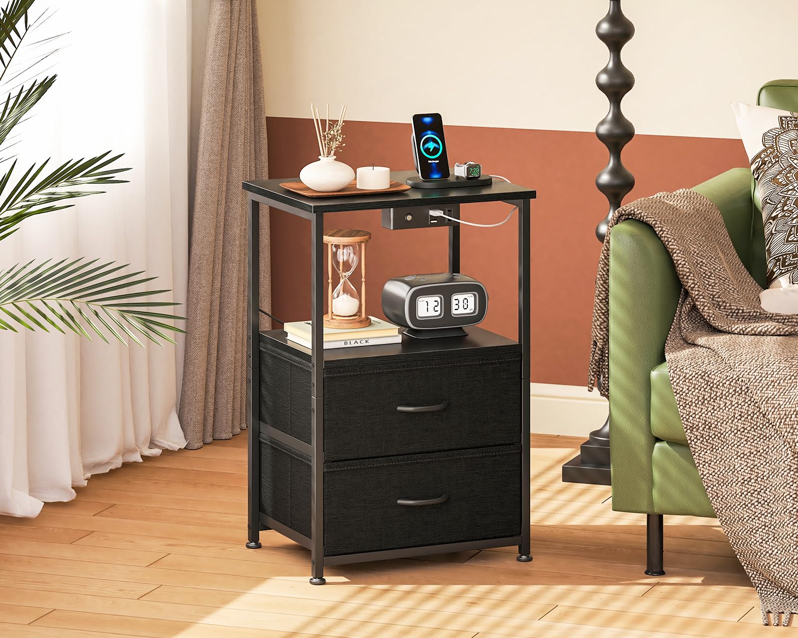 Casaottima Night Stand with Charging Station and LED Lights, End Table for Bedroom with 2 Fabric Drawers, Small Nightstand with Storage Shelf, Bed Side Bedside Table, Black