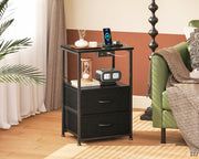 Casaottima Night Stand with Charging Station and LED Lights, End Table for Bedroom with 2 Fabric Drawers, Small Nightstand with Storage Shelf, Bed Side Bedside Table, Black