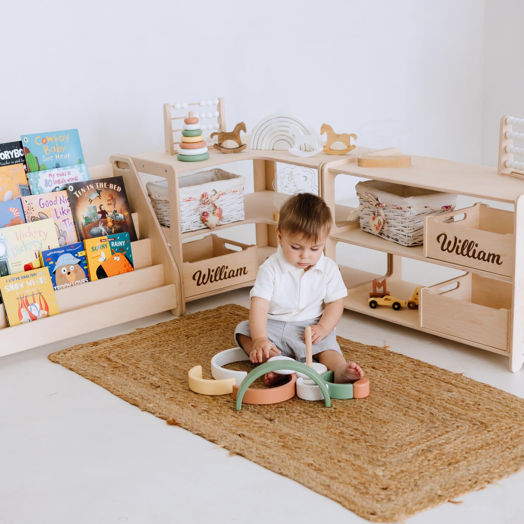 Wooden Kids Shelves Set - Montessori Bookshelf and Toy Storage
