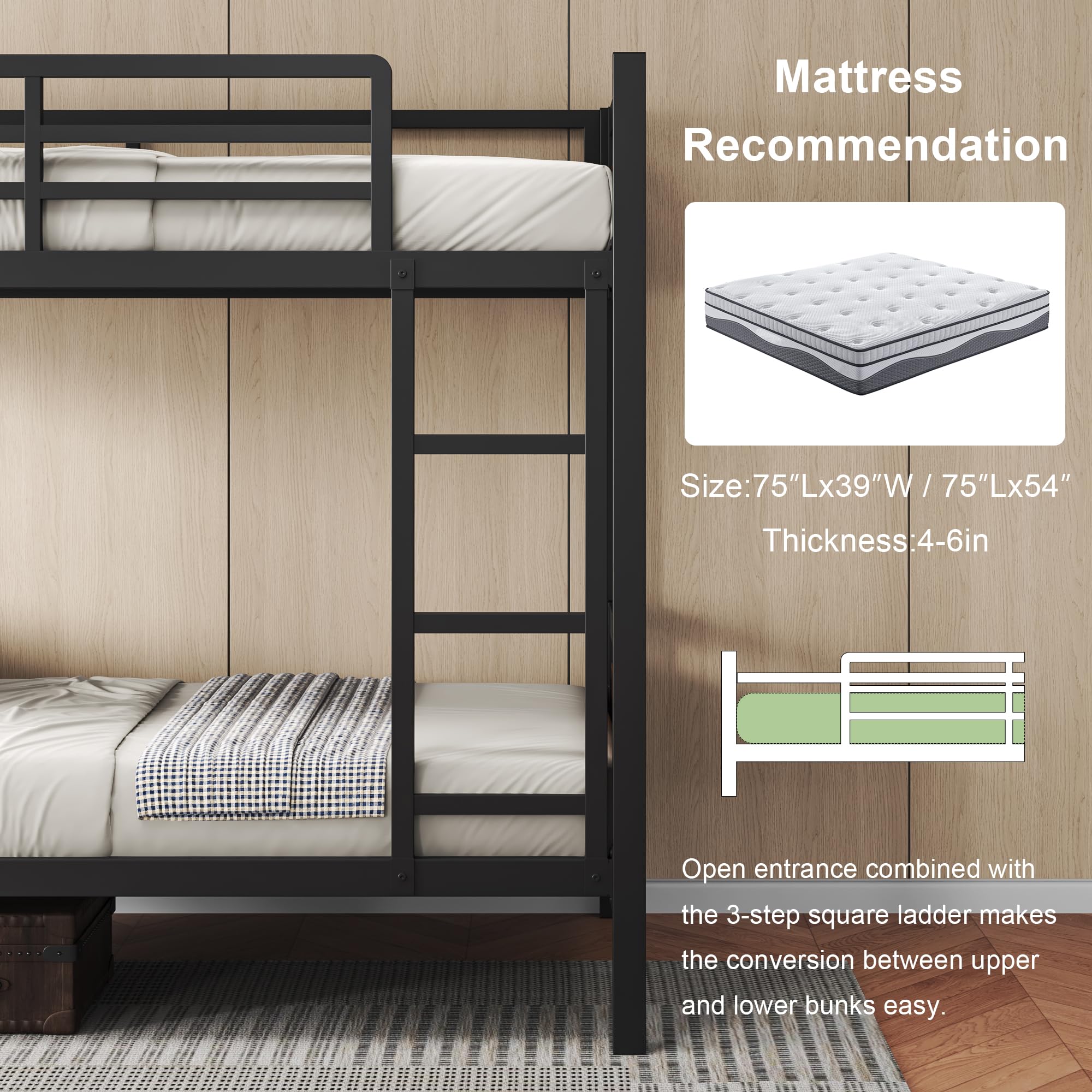 Metal Twin Over Twin Bunk Bed with Ladder and Guardrail