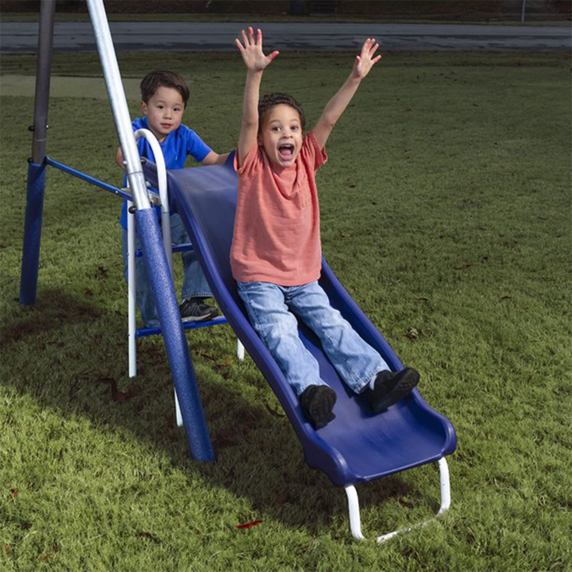 Metal A-Frame Outdoor Swing Set with Slide and See-Saw
