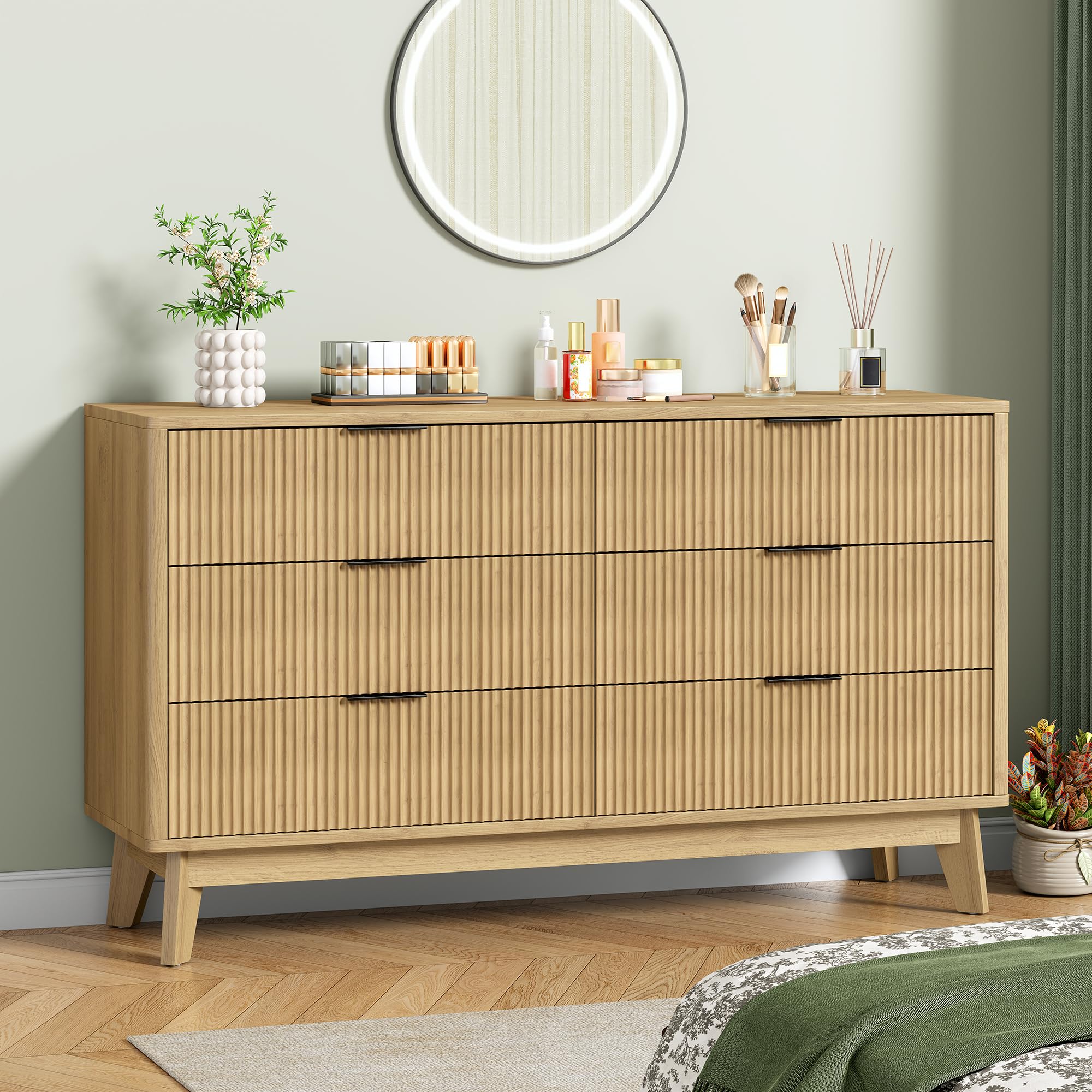 6-Drawer Fluted Dresser for Bedroom 54 Inch Wide
