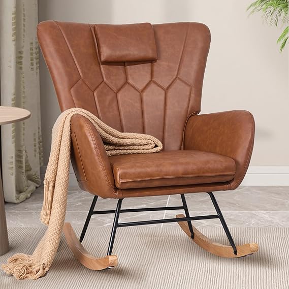 Rocking Chair Nursery with Thick Headrest, Modern Teddy Upholstered