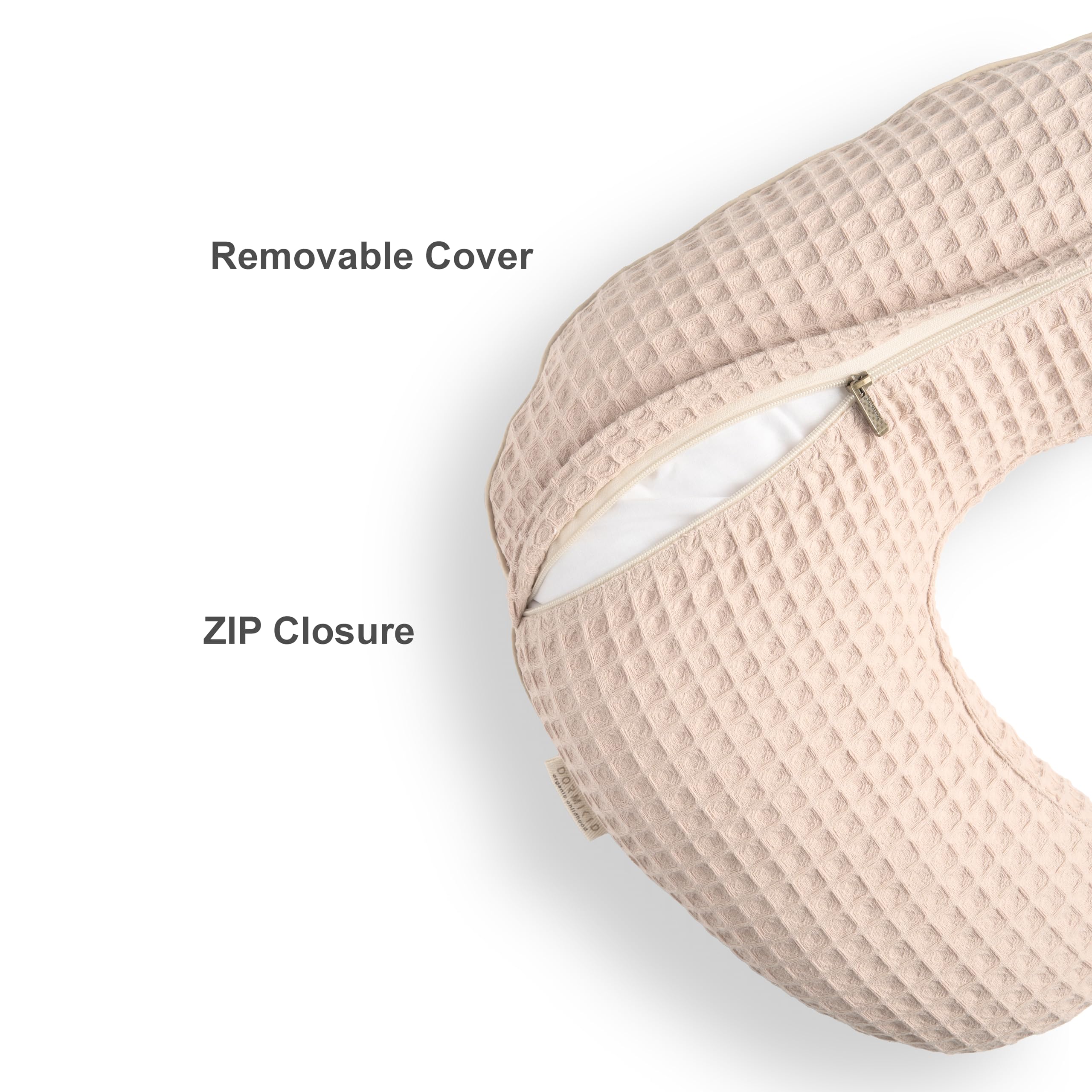 Organic Nursing Pillow with Cover • Premium Quality 100% Cotton Oeko-Tex Standard • Moon Pillow for Breastfeeding and Bottle Feeding • Soft and Breathable • (Poudre waffle)