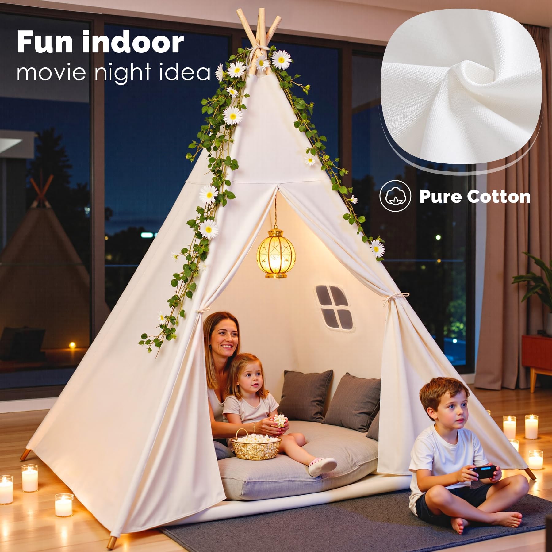 Cotton Canvas Kids Teepee Tent with Lights and Carry Bag