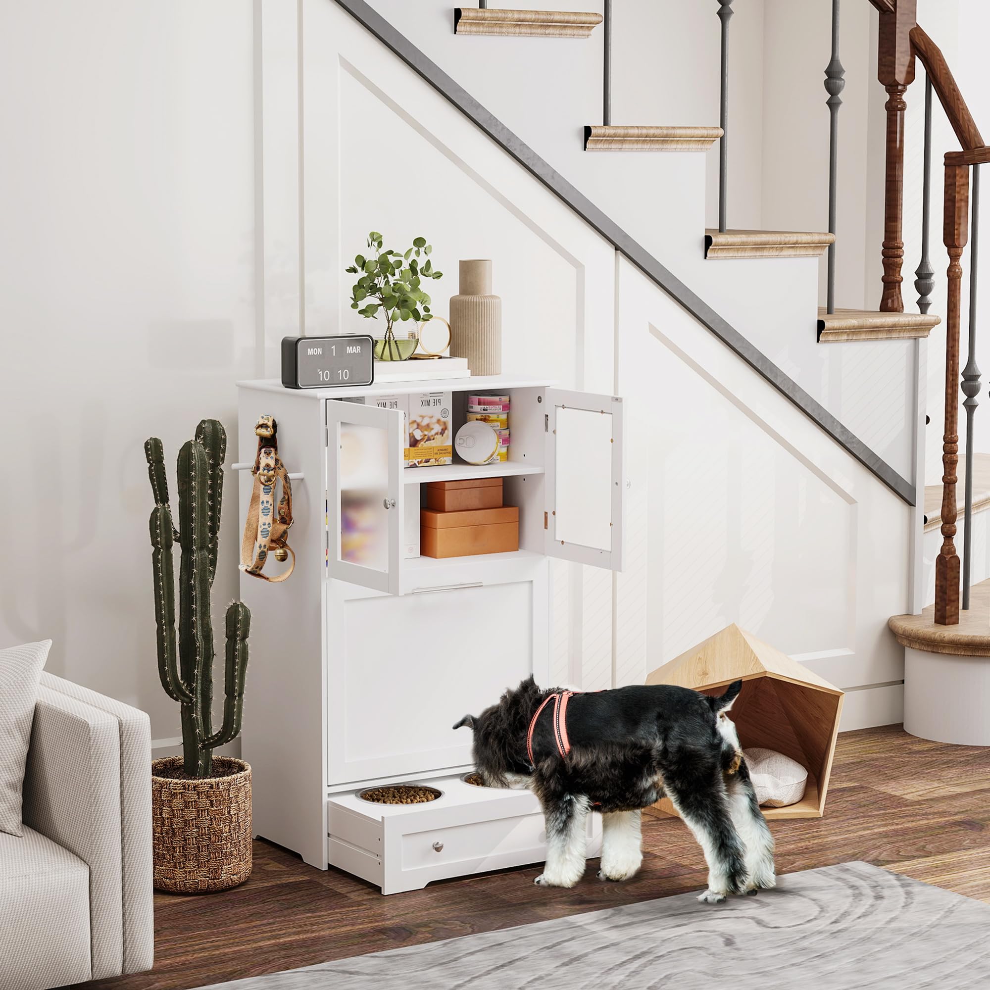 Dog Feeding Station with 2 Storage Cabinets, Pet Feeding Station with 2 Elevated Dog Bowls