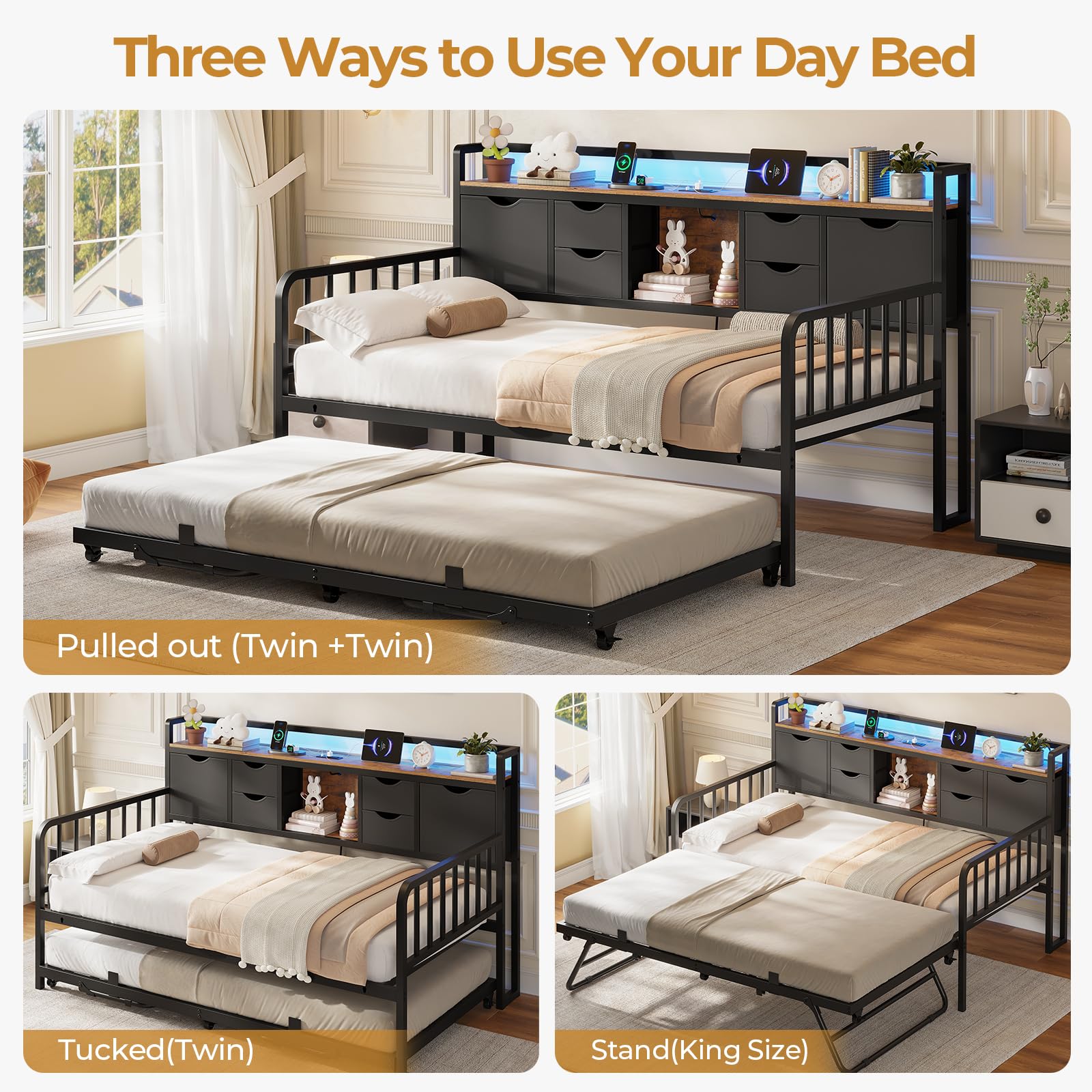 ADORNEVE Daybed with Trundle, Twin Day Bed with Storage Headboard & Charging Station, Height Adjustable Metal Trundle Bed Twin, Sofa Bed Frame for Living Room, Bedroom and Guest Room, Black