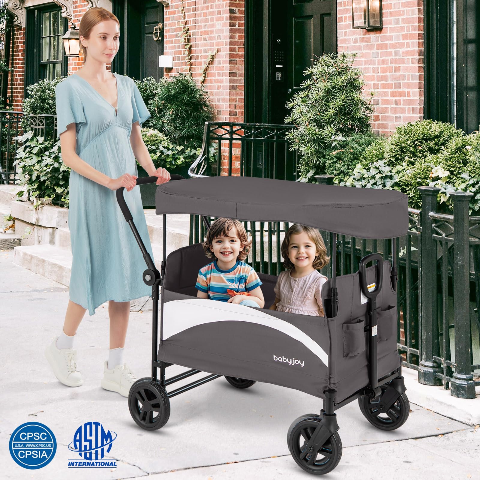 Collapsible Wagon Stroller for 2 Kids with Adjustable Canopy