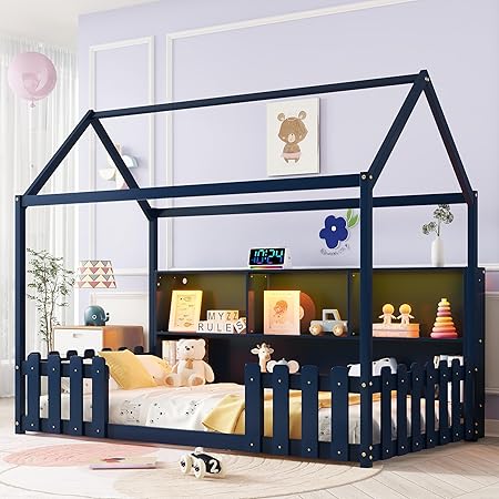 Twin Size Floor Bed with LED Light and Storage Bookshelf