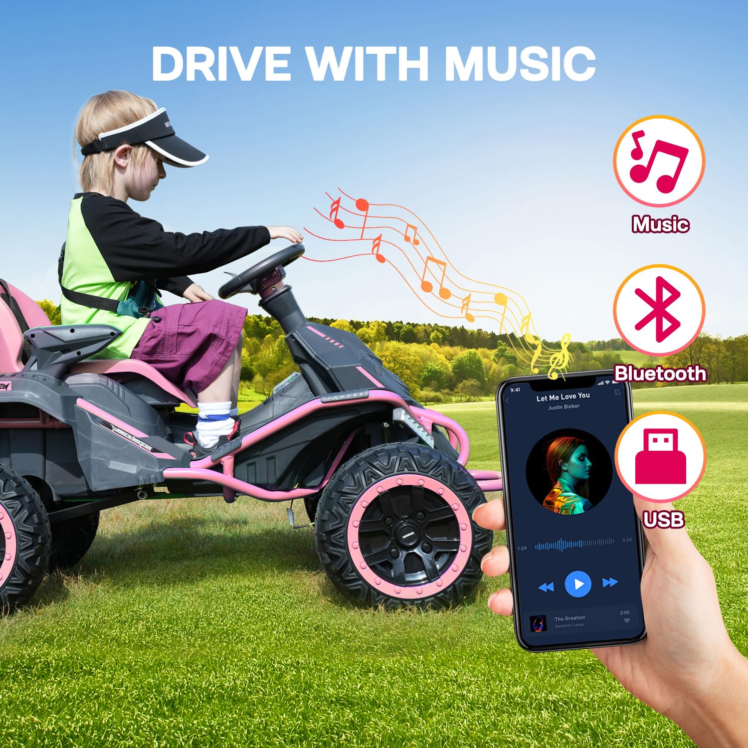 24V Ride on Toy for Big Kids, Kids' Electric Vehicles Outdoor Race Toy with 4 Strong Motors Total 300W Bluetooth Speaker and 24V 7AH Big Battery, Adjustable Seat, Electric Cars for Children 3-12