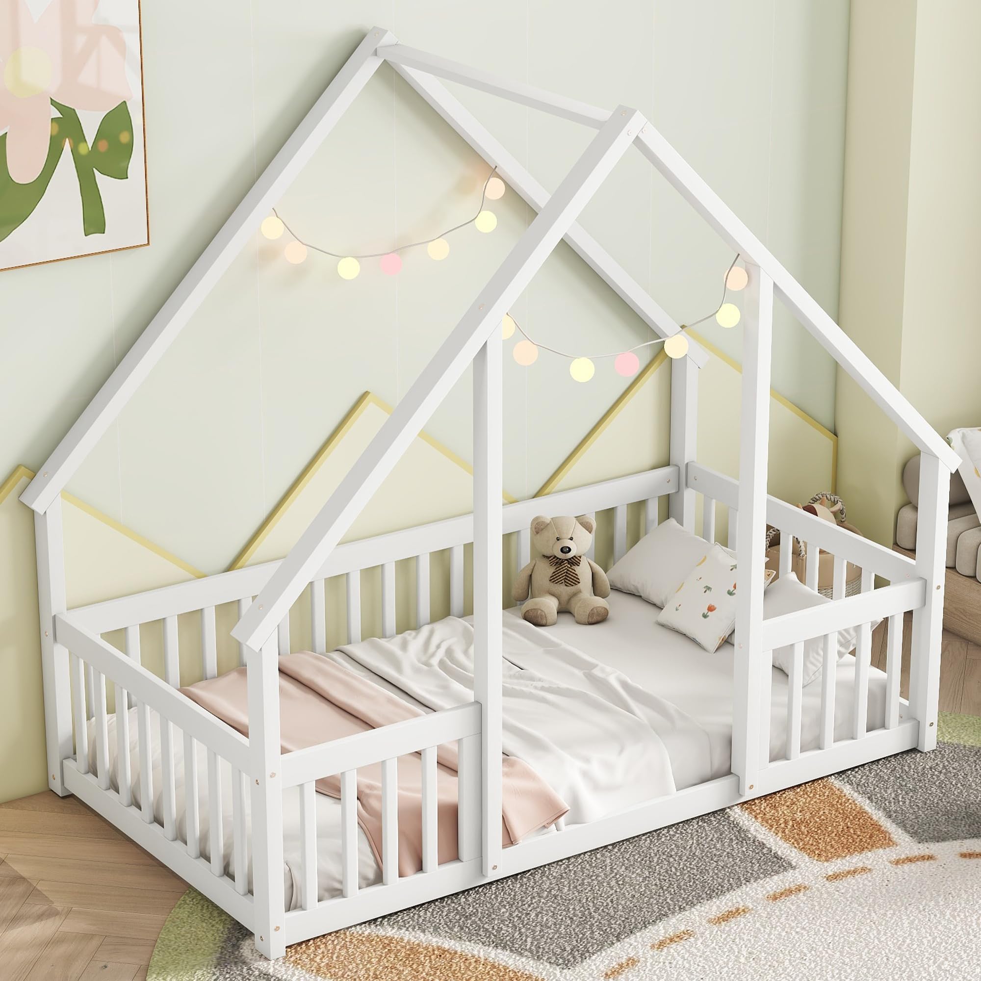 Twin Floor Bed for Kids with House Frame and Fence