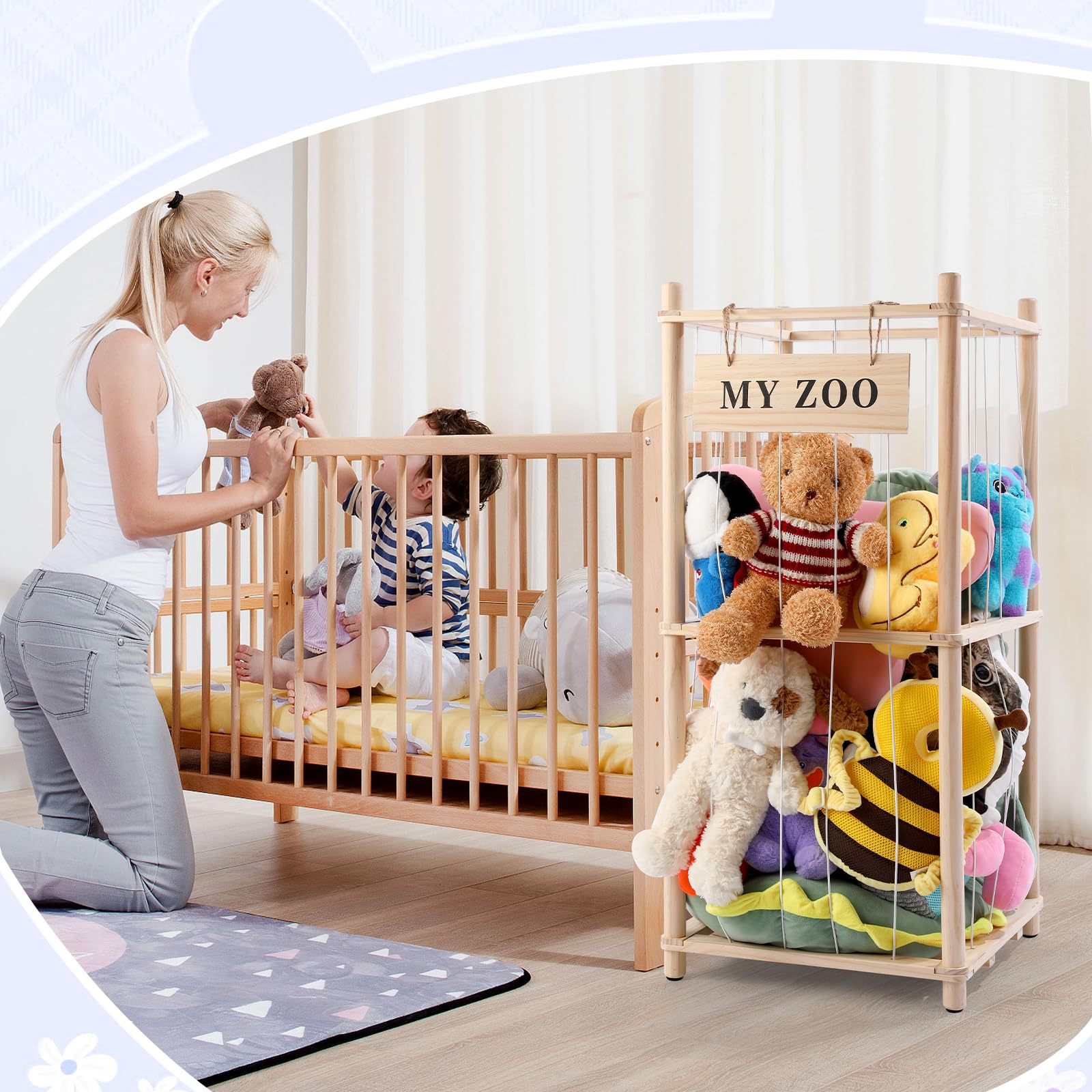 Wooden Stuffed Animal Storage Zoo Organizer with Elastic Cords