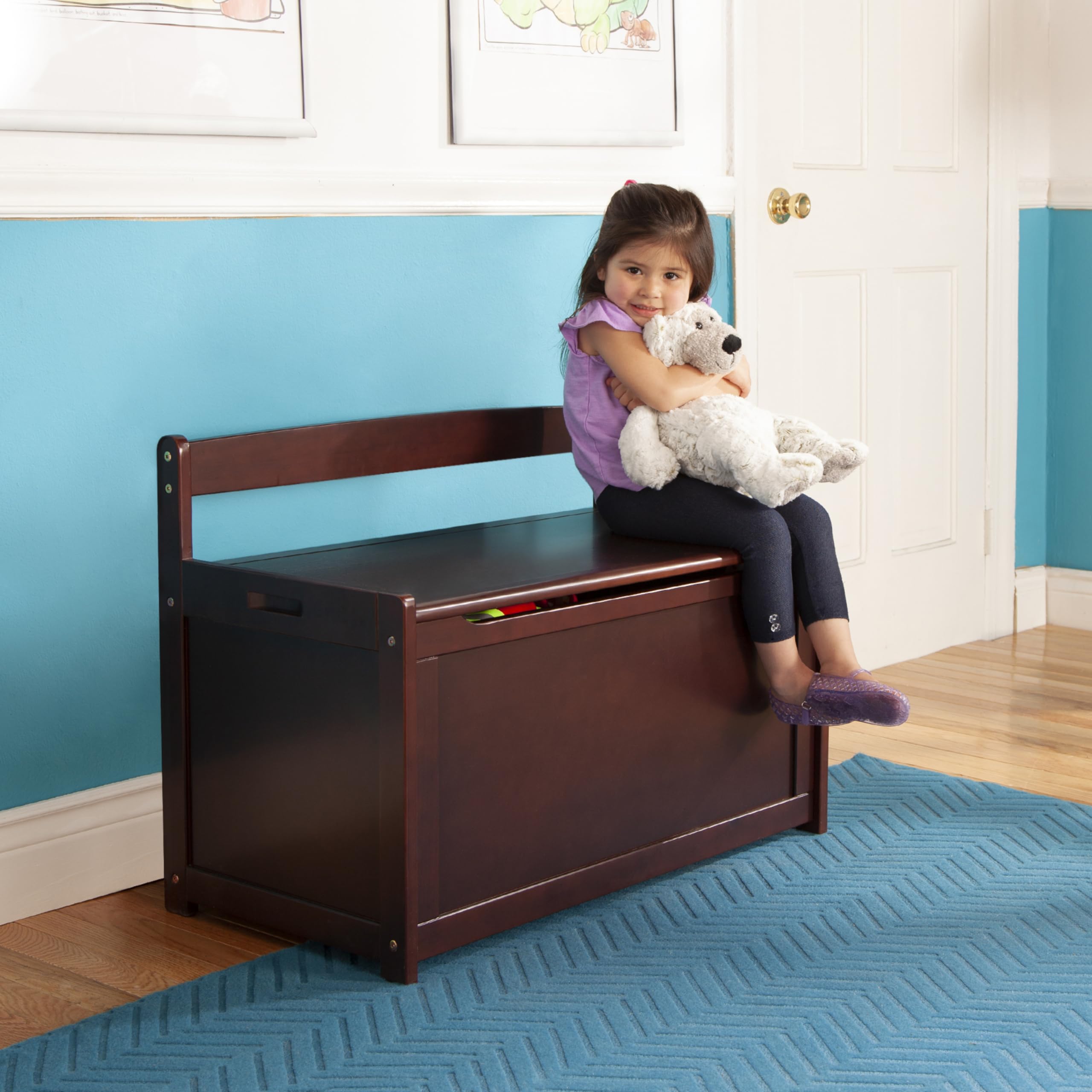 Wooden Toy Chest with Safety Hinged Lid - Espresso