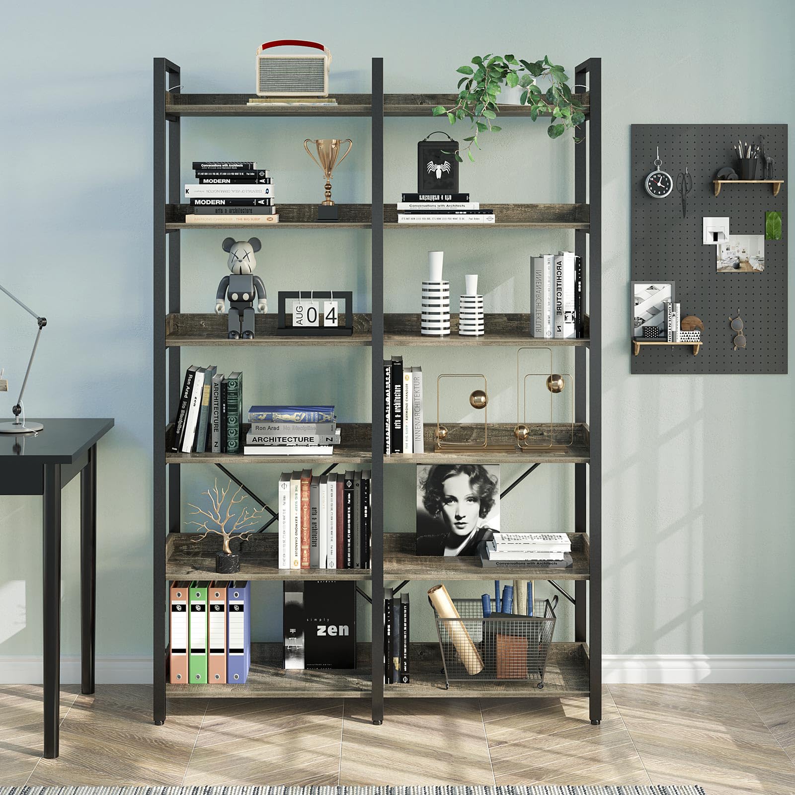 6-Tier Industrial Bookshelf with Hooks 67" Tall