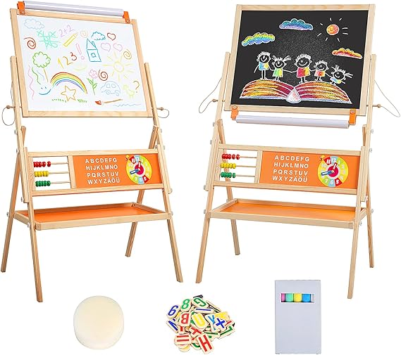 Foldable Kids Painting Easel Double Sided Chalkboard & Magnetic