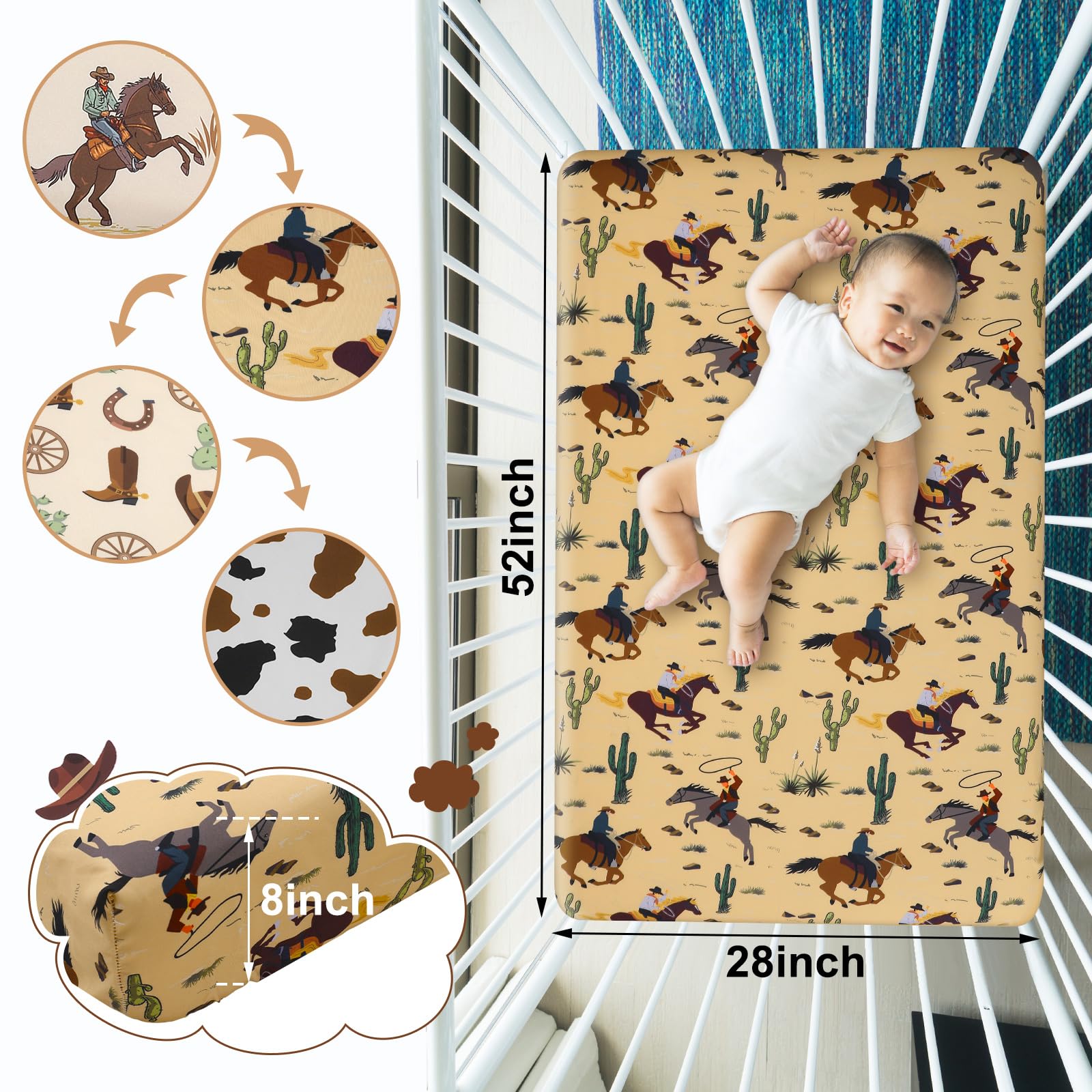 Western Cowboy Crib Sheet Set - 4 Piece Fitted Sheets for Standard Crib
