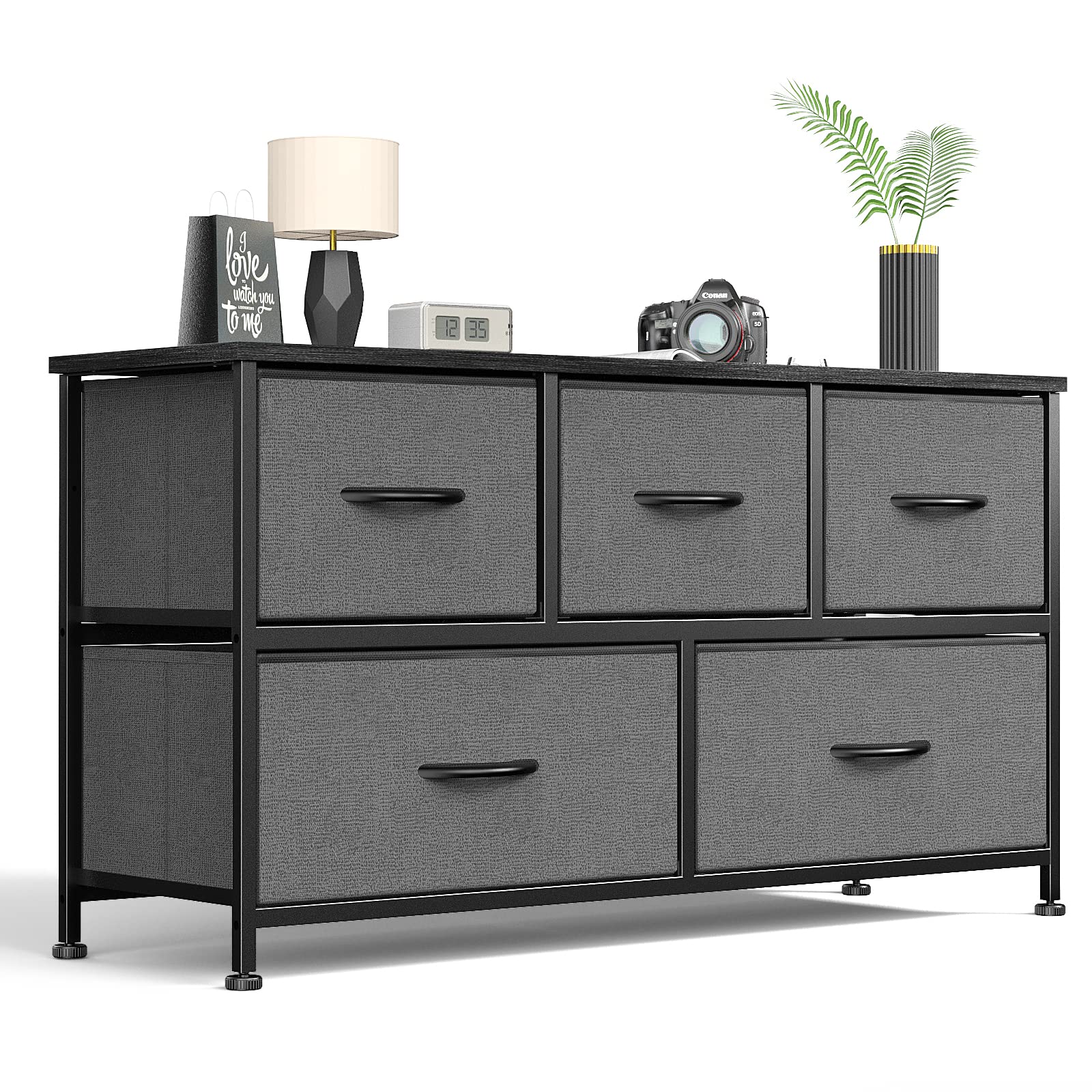 5 Drawer Dresser with Wooden Top and Metal Frame