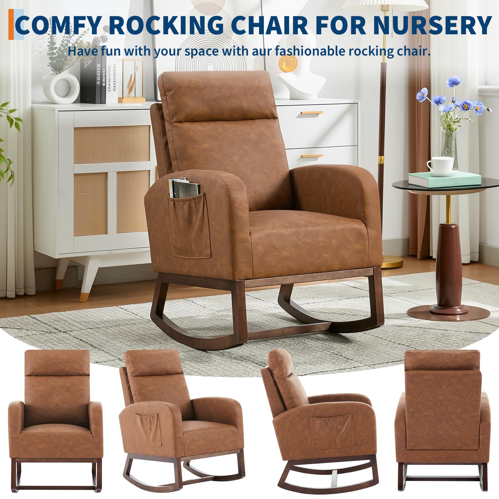 Faux Leather Rocking Chair with Side Pockets