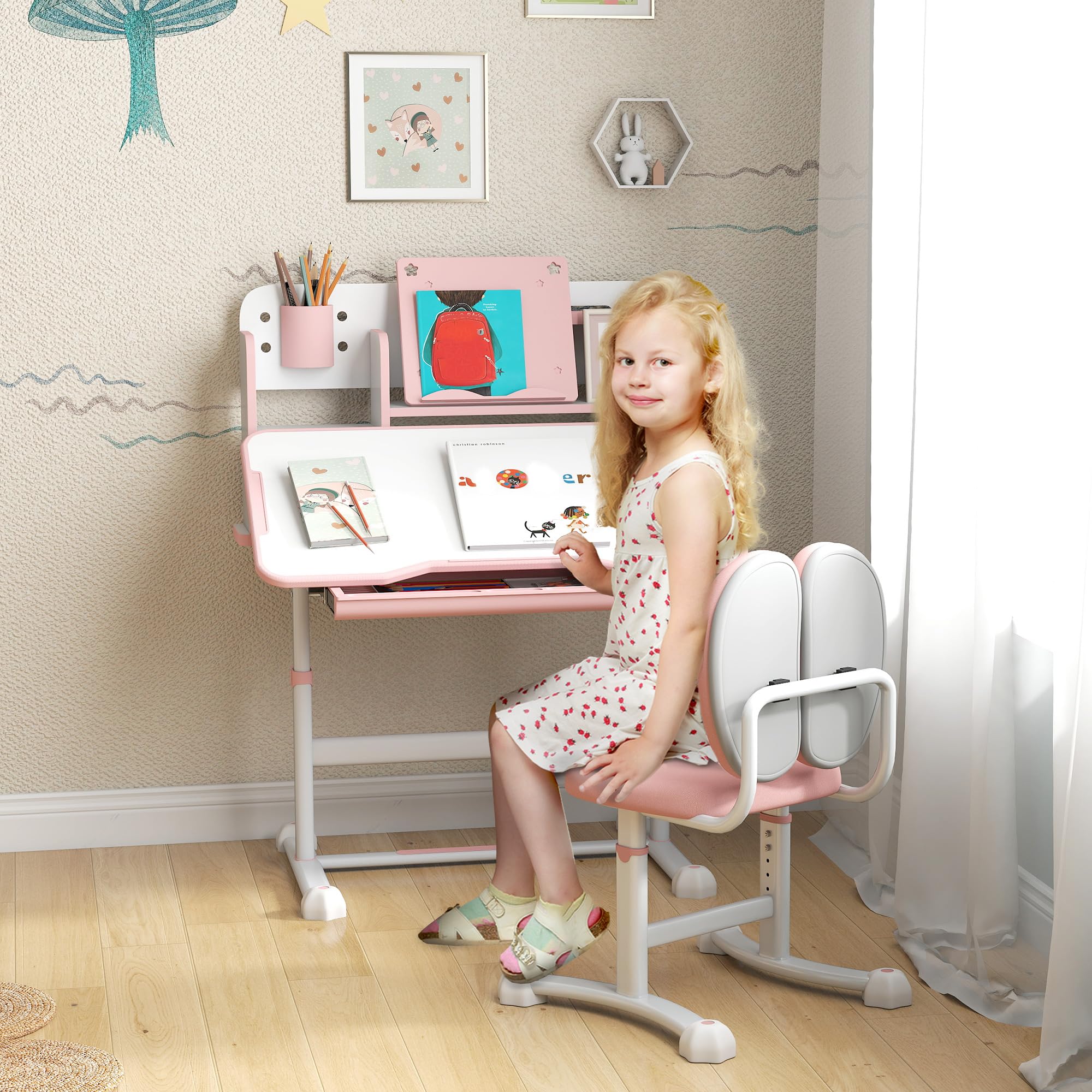 Desk and Chair Set, Height Adjustable Kids School Study Desk
