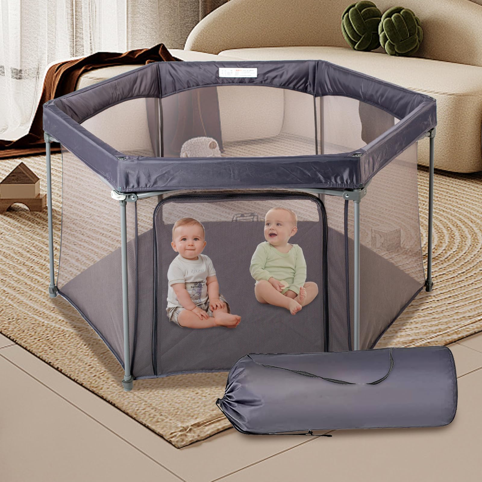 Baby Playpen 53x53 Inch, Indoor/Outdoor Portable Play Yard with Breathable Mesh Walls