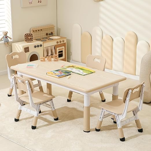 Kids Table and 4 Chairs Set, Height Adjustable Toddler Table and Chairs Set