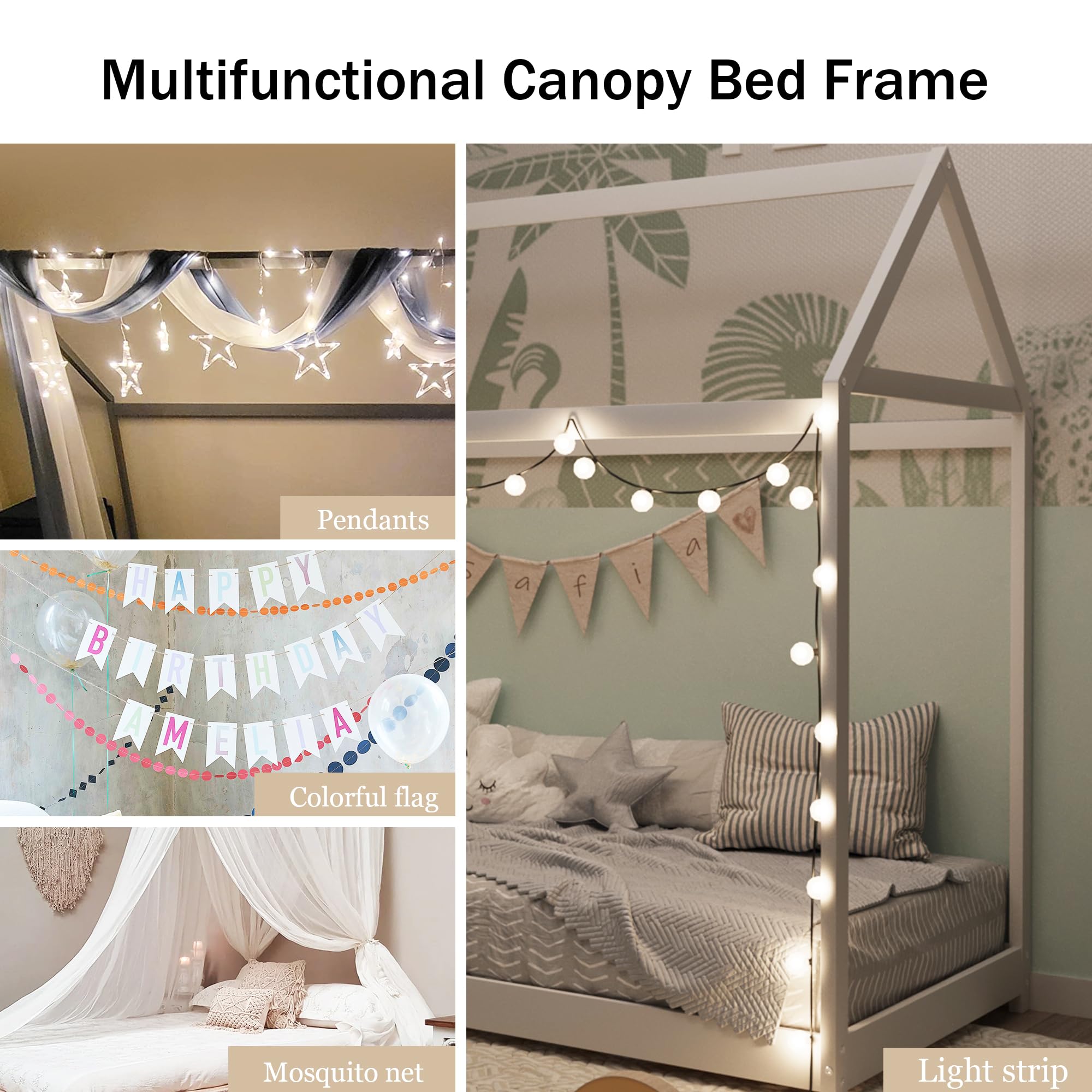 Twin Size Wood House Bed Floor Frame with Slats