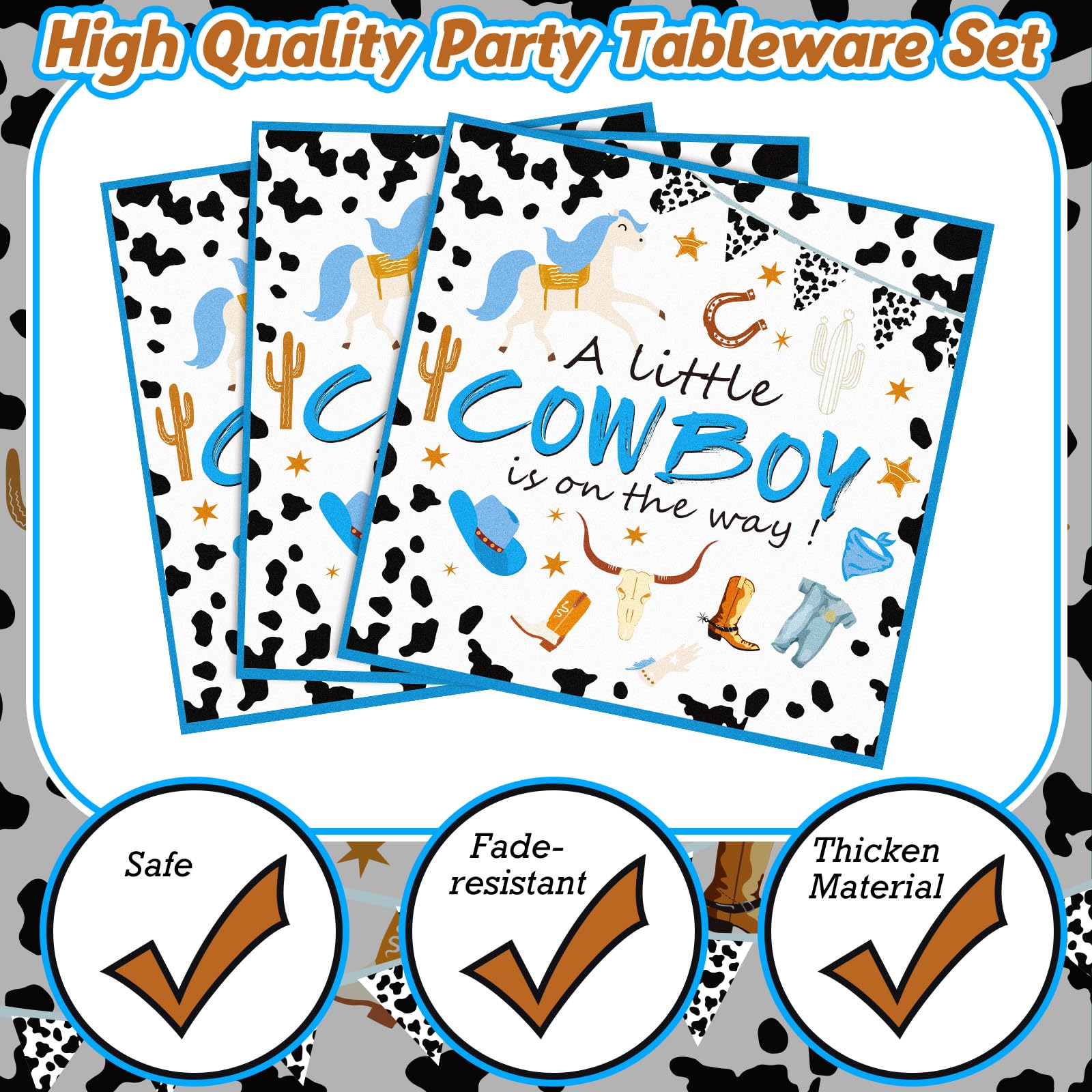 350 Pcs Cowboy Baby Shower Plates and Napkins Party Supplies Wild West a Little Cowboy Is on the Way Theme Tableware Set Western Cow Country Party Dessert Plates Napkins Forks for 50 Guest Baby Shower
