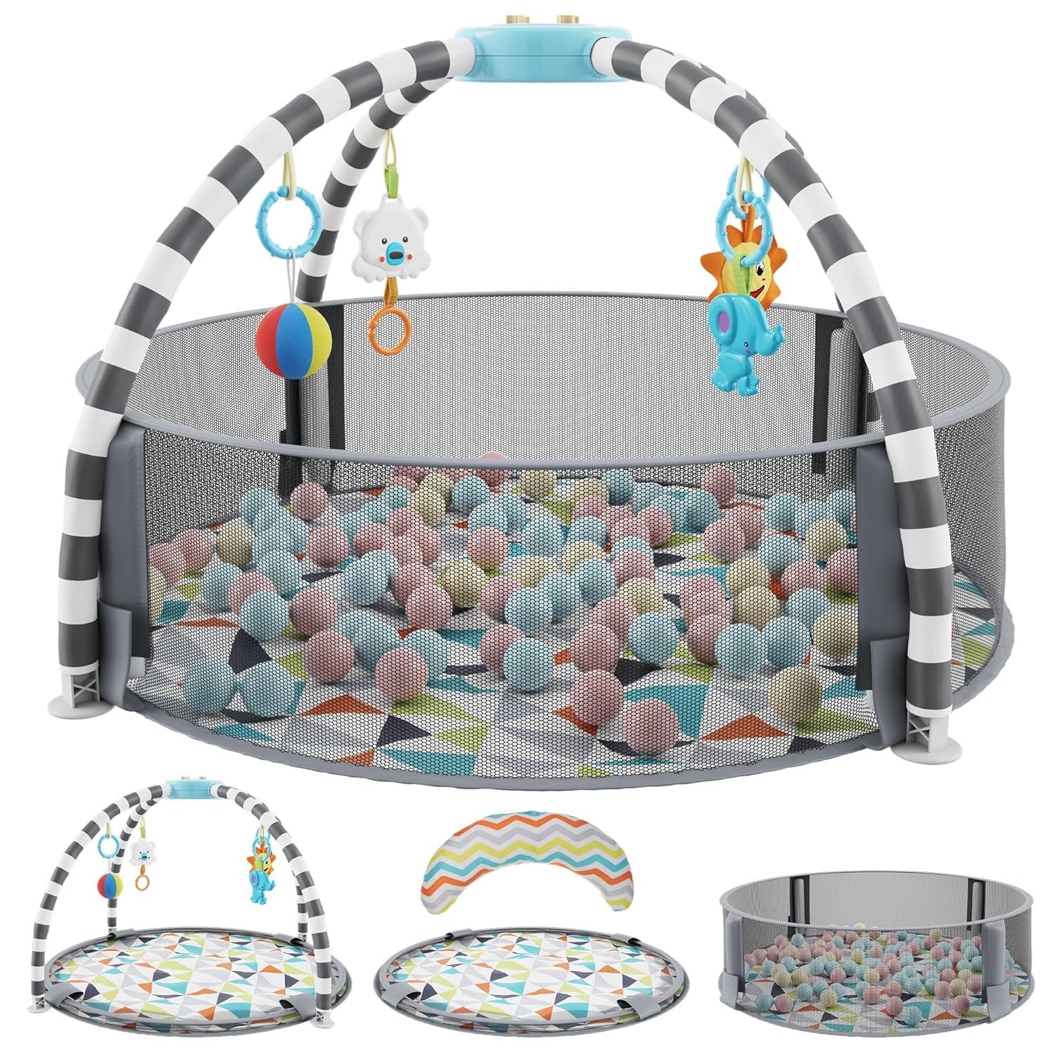 5 in 1 Baby Play Gym and Ball Pit -Playgym with 6 Toys, Balls, Tummy Pillow