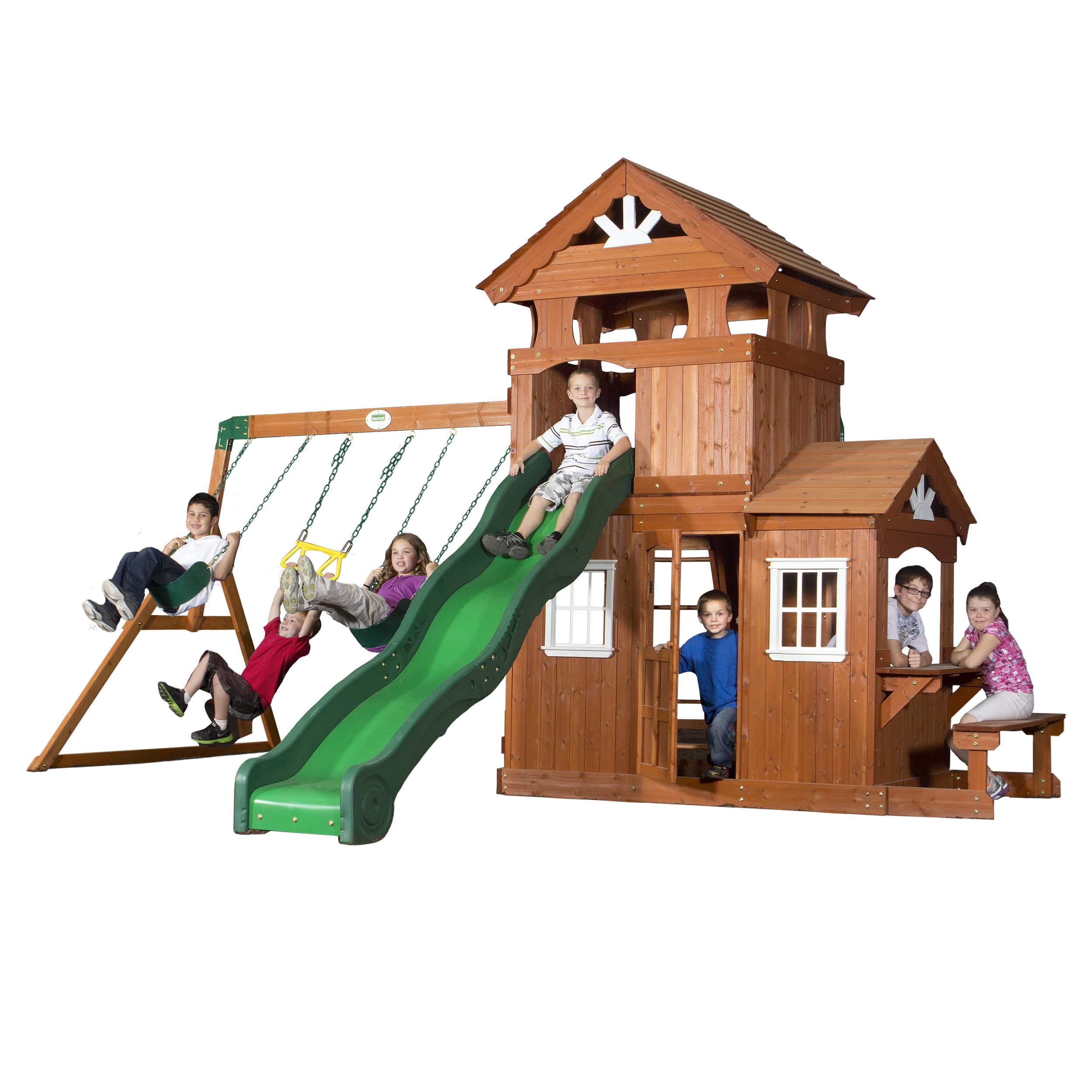 Shenandoah Cedar Wood Swing Set with Wave Slide, Raised Clubhouse