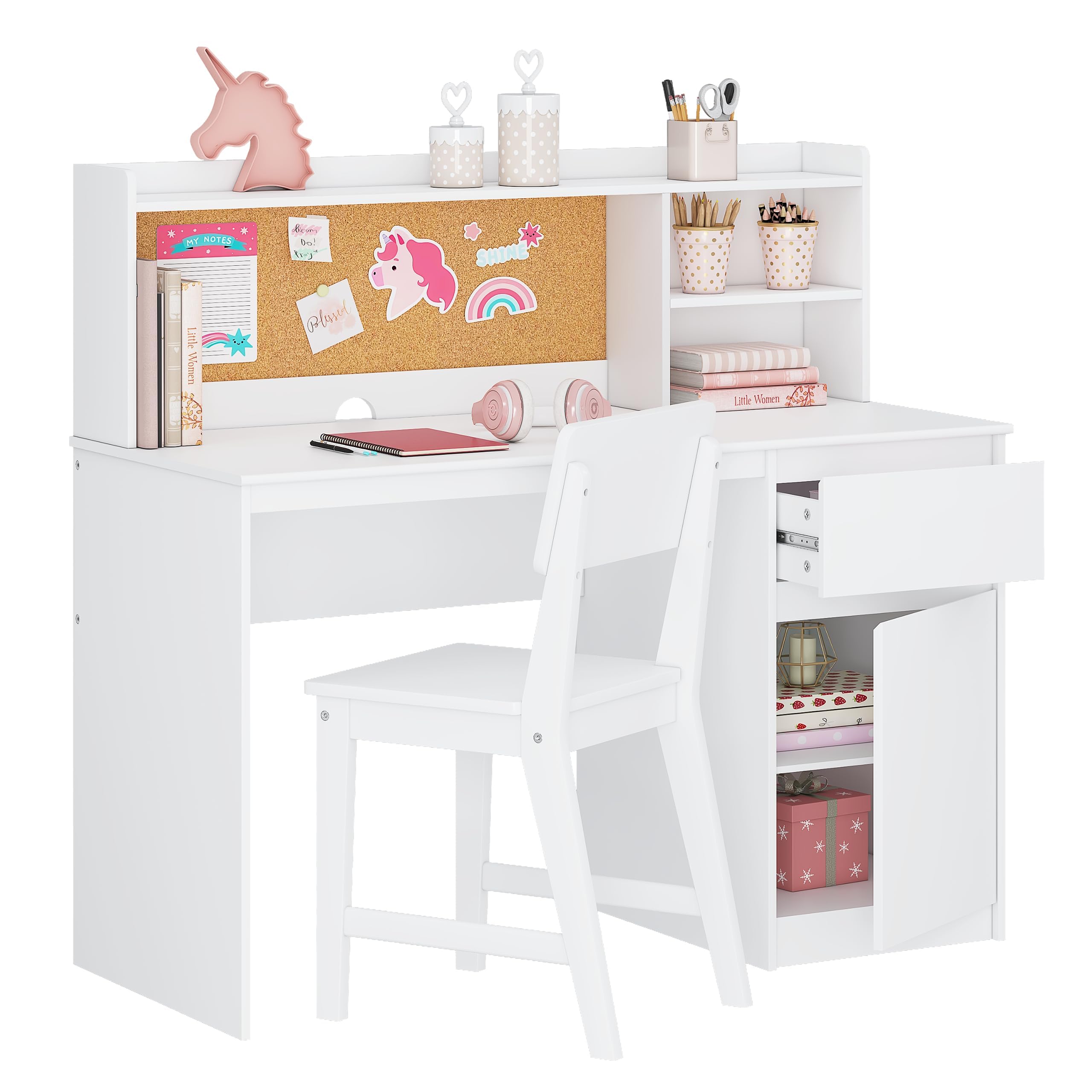 Kids Study Desk with Chair Set with Hutch and Storage