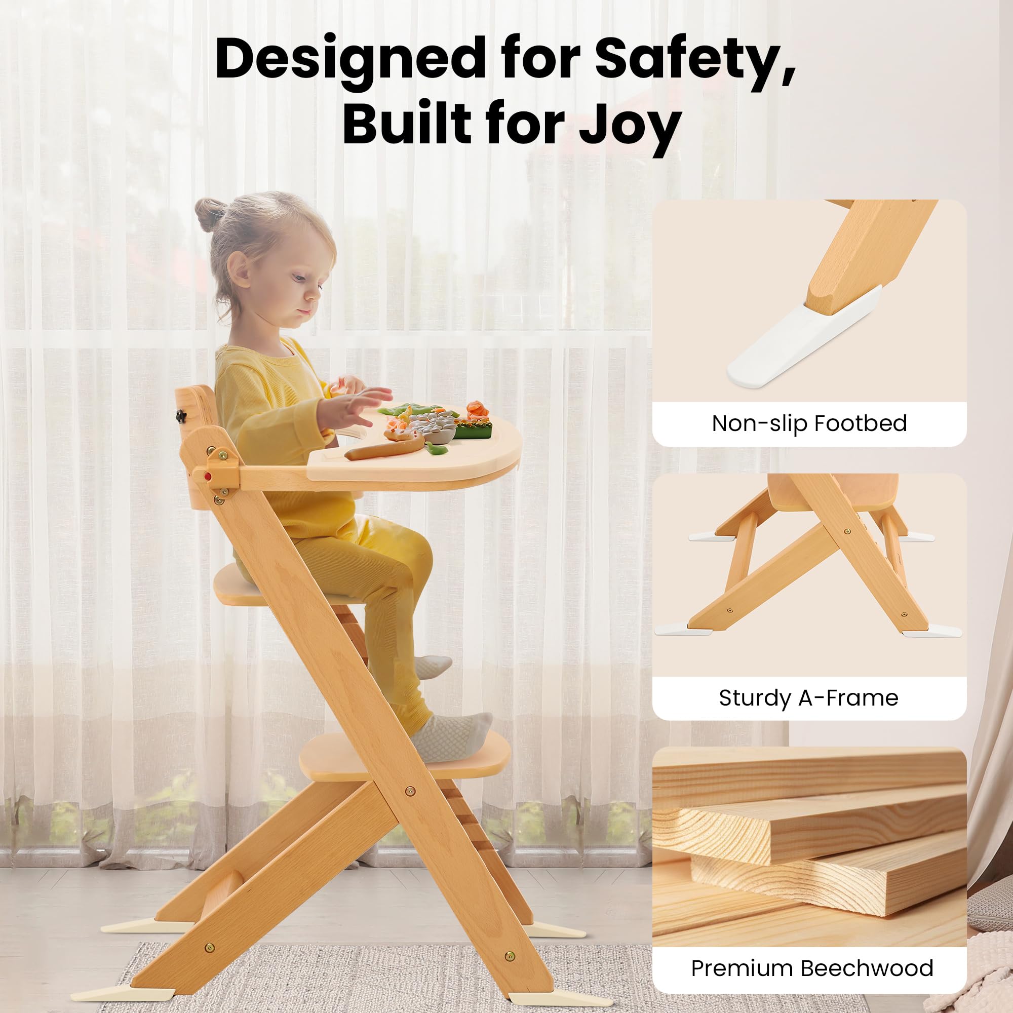 Adjustable Wooden High Chair with Removable Tray and Safety Harness