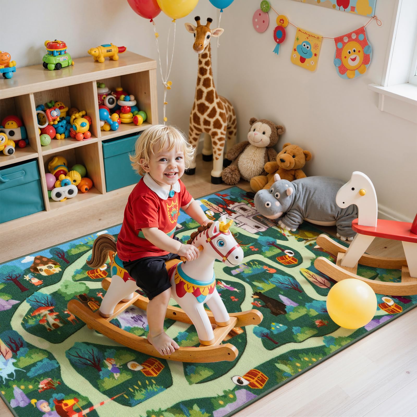 Kids Playroom Rug - Boys and Girls Fantasy Adventure Play Mat, Washable Forest Road