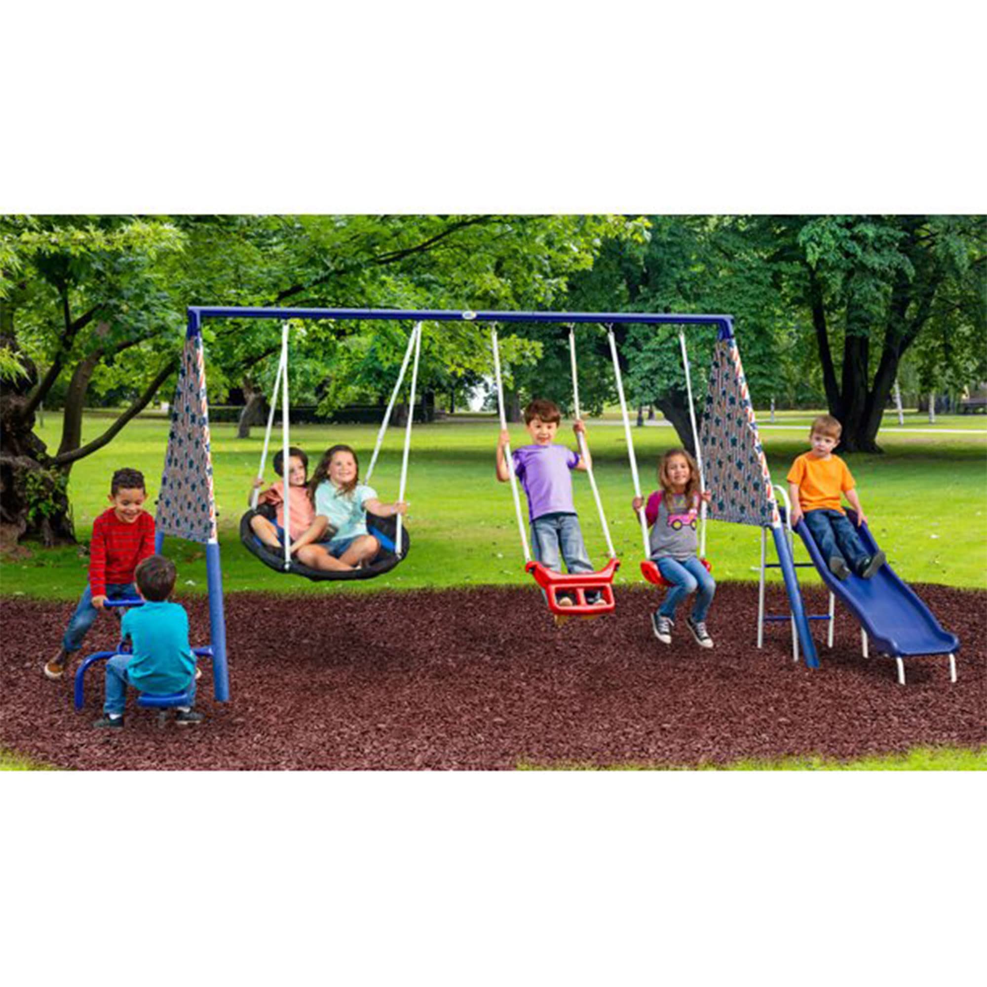Metal A-Frame Outdoor Swing Set with Slide and See-Saw