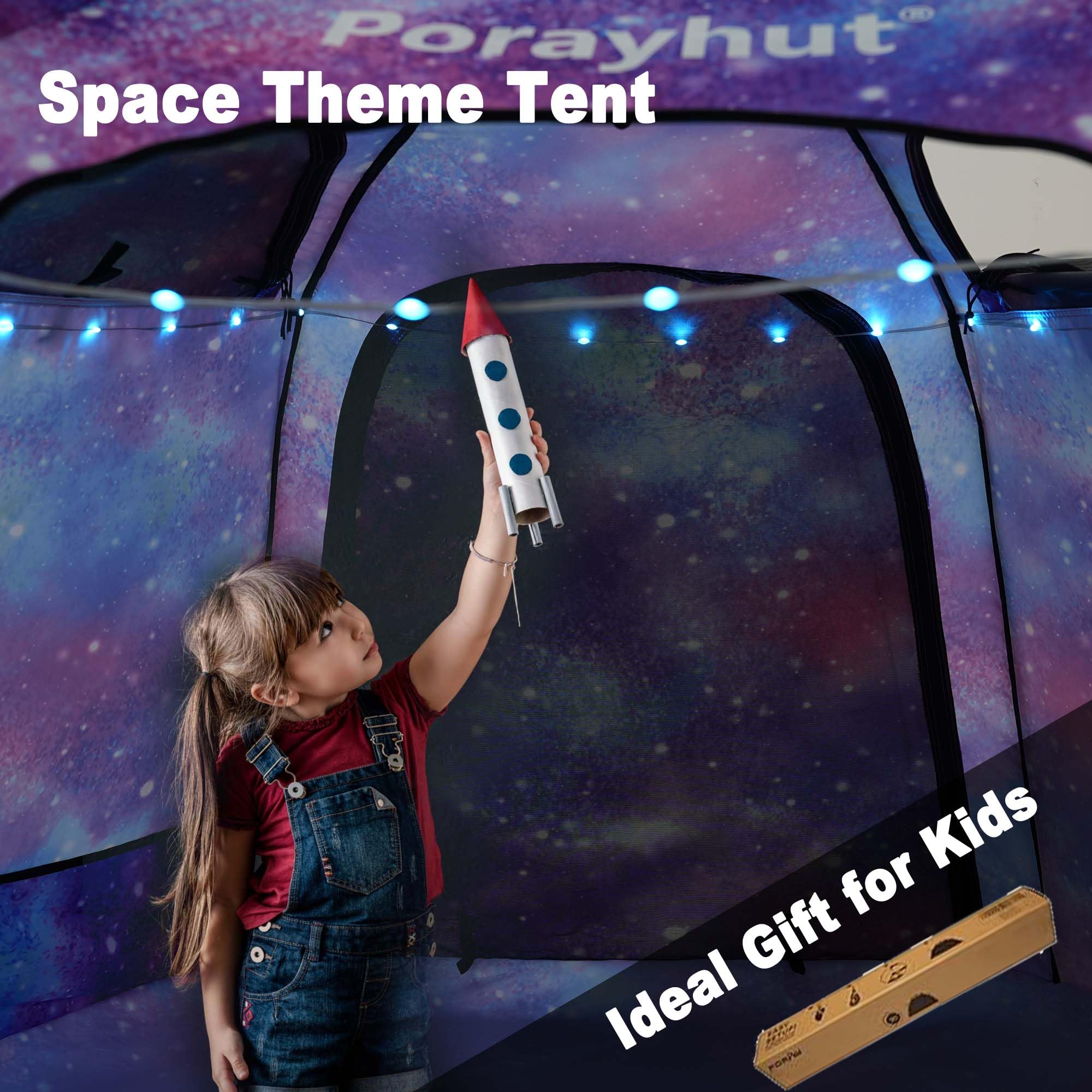 Portable Hexagon Kids Play Tent with LED Strip Lights Indoor Children Play House Easy Set-up Space Large Dream Tent for Night 4-5 Person & Birthday Gifts