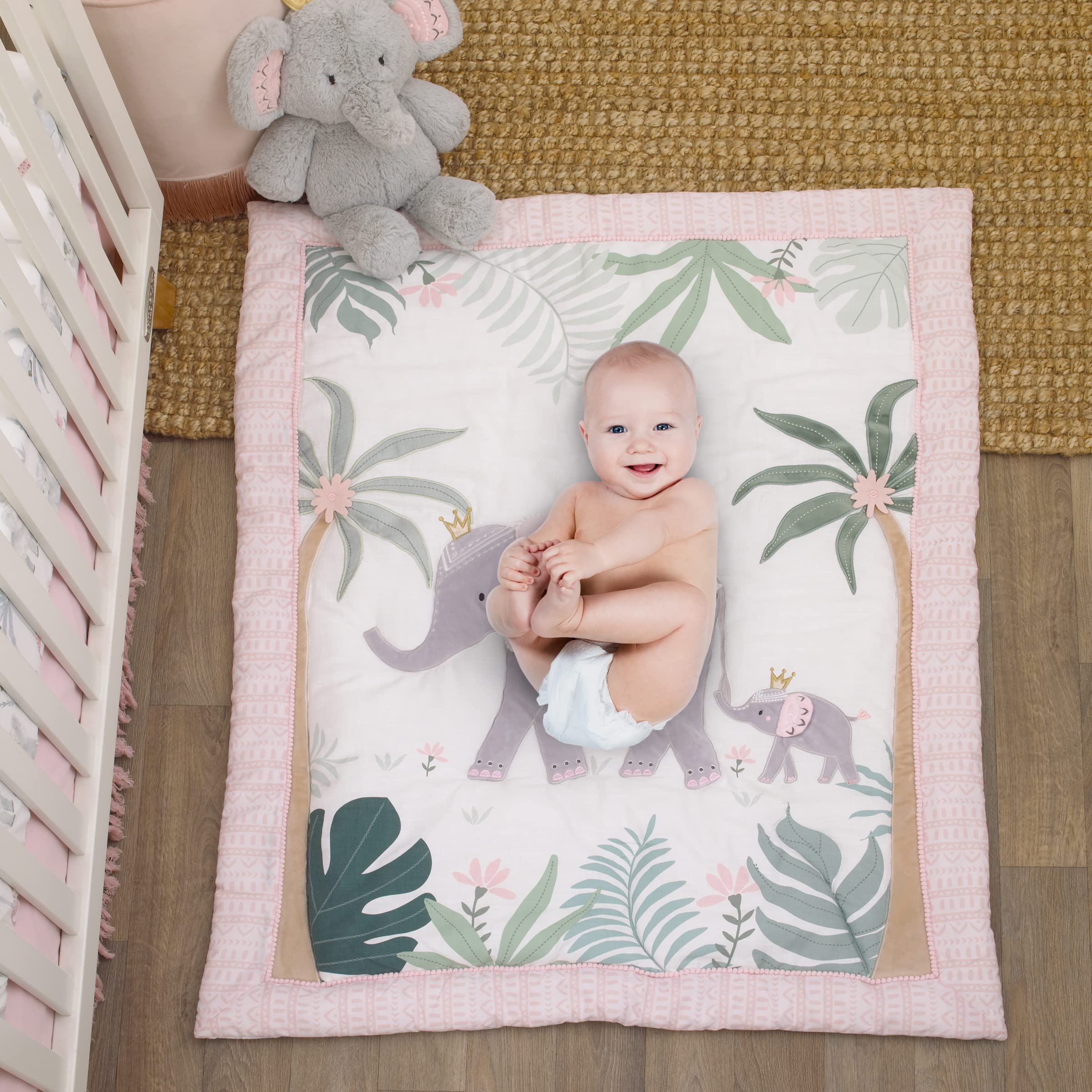 Tropical Princess Elephant/Jungle Pink and Green 4 Piece Crib Bedding Set