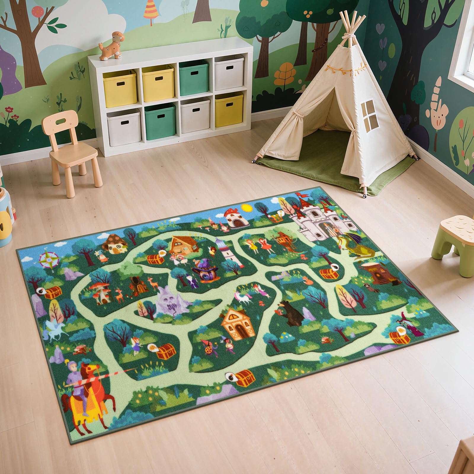 Kids Playroom Rug - Boys and Girls Fantasy Adventure Play Mat, Washable Forest Road