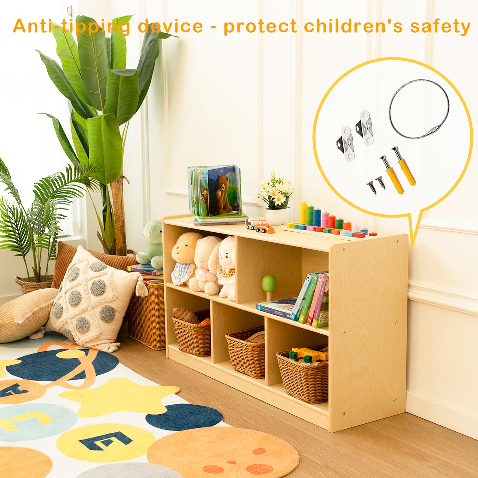 Wooden Montessori Bookshelf with Toy Storage Cubbies