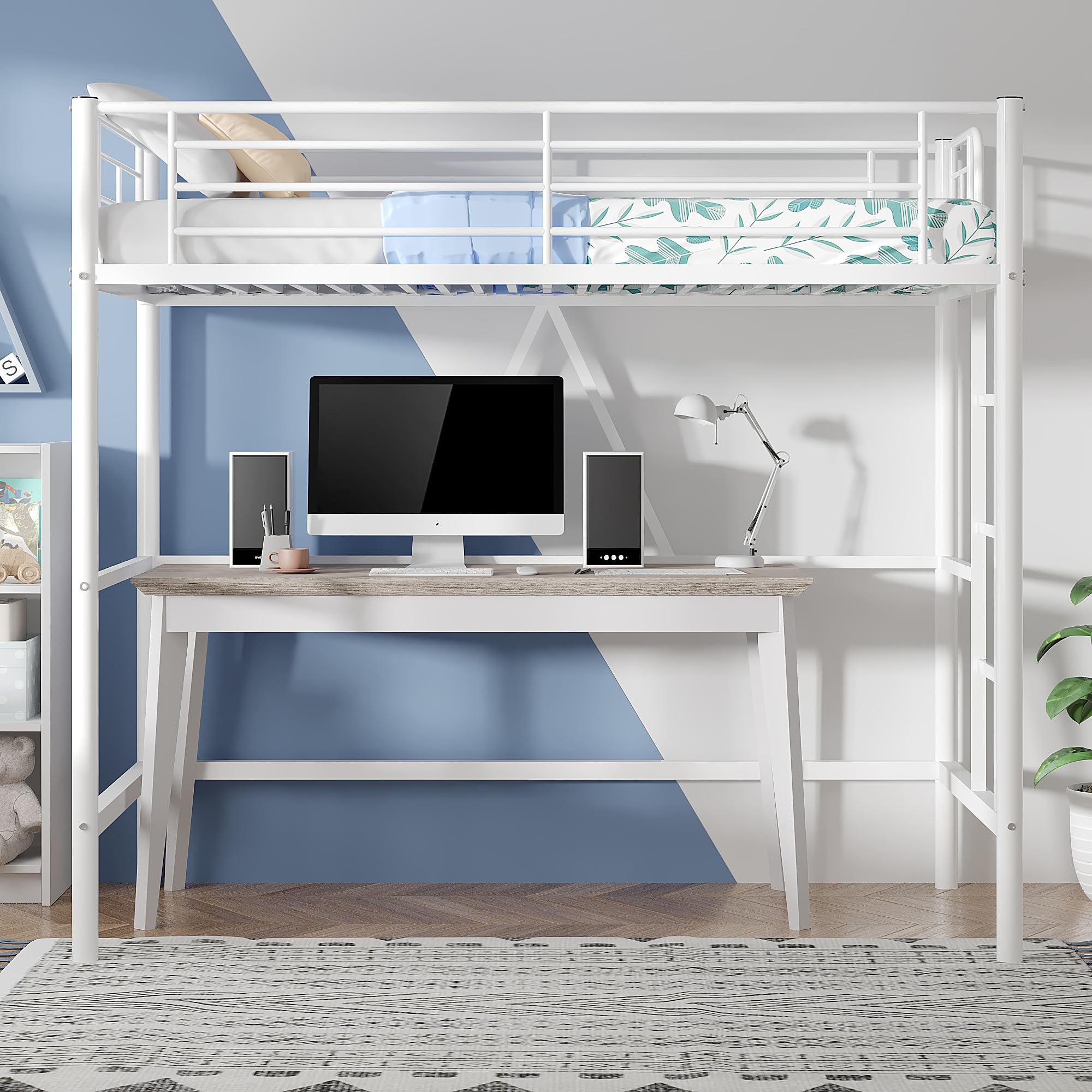 Loft Bed Twin Size, Metal Bedframe with Removable Ladder and Safety Guardrail