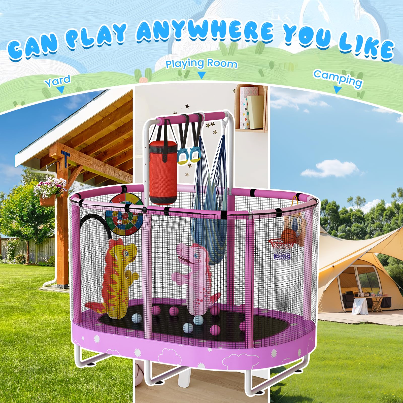 Kids Trampoline with Safety Net and Adjustable Height