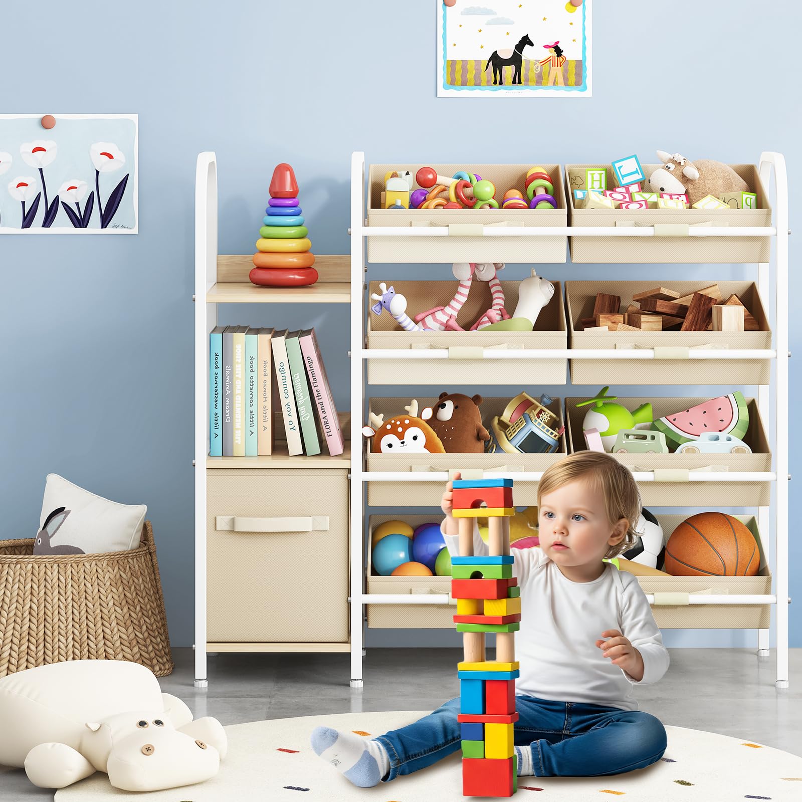 Toy Storage Organizer with Fabric Drawers and Bookshelf
