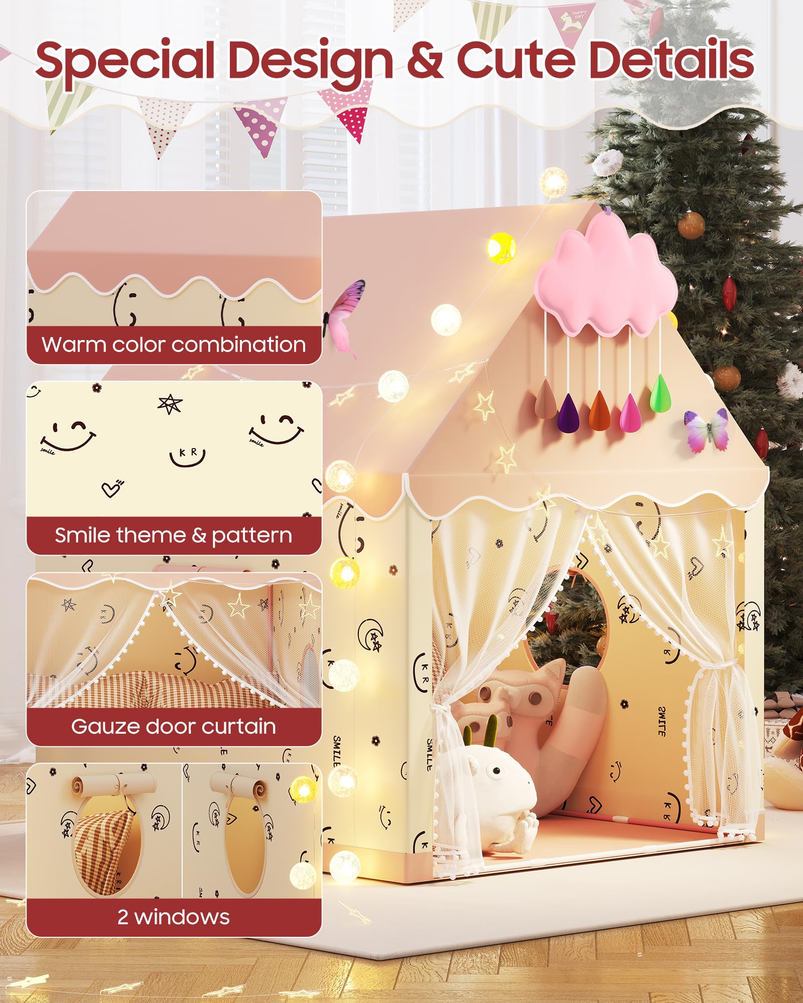 Kids Play Tent, Princess Tent Indoor Playhouse Set with Star Lights, Ball Lights, Colorful Flags, Butterflies, Clouds - Pink Tents for Kids Toddle Castle for Girls Toy House Gift