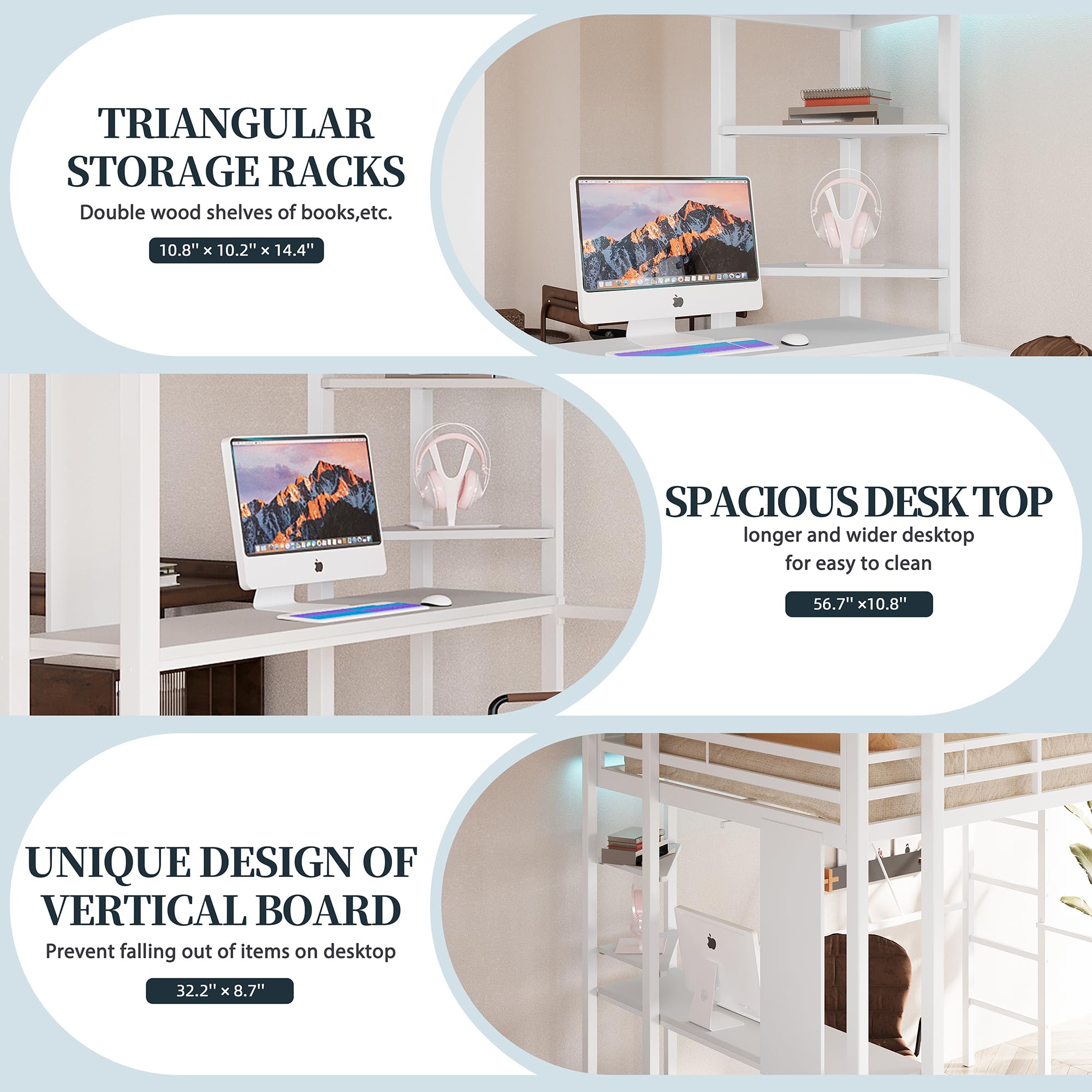 Full Size Loft Bed with Desk and Storage Shelves