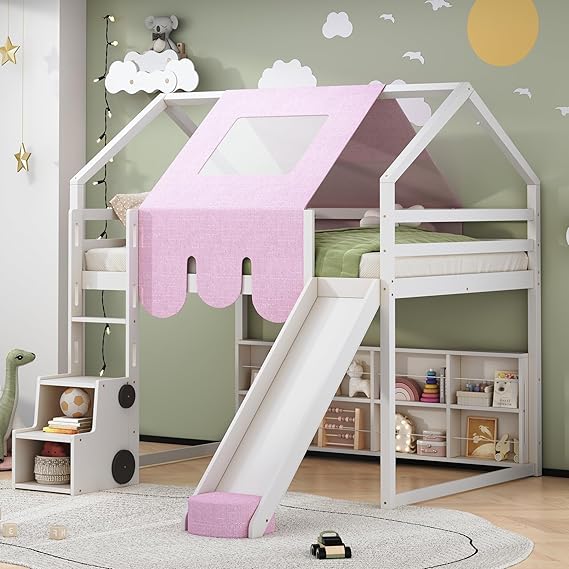 Twin Size Loft Bed with Slide, Wooden Twin House-Shaped Frame with Ladder