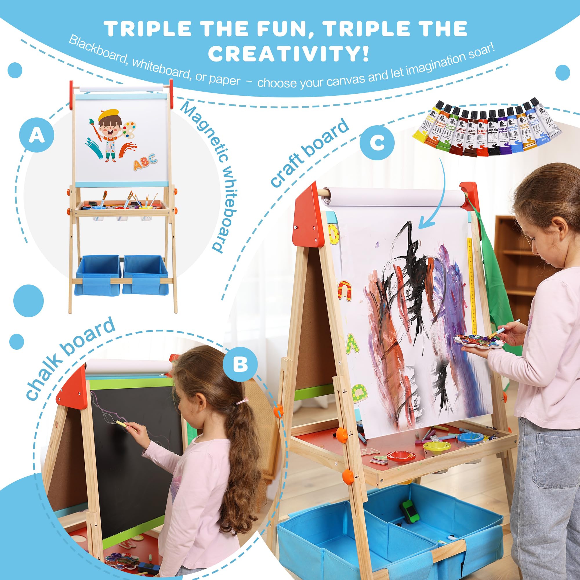 Bpmfkid 3 in 1 Adjustable Kids Art Drawing Easel Set-Sided Magnetic Whiteboard & Chalkboard with Painting Paper Roll - Versatile Art Station Gift for Toddlers, Kids and Childrens Ages 3+