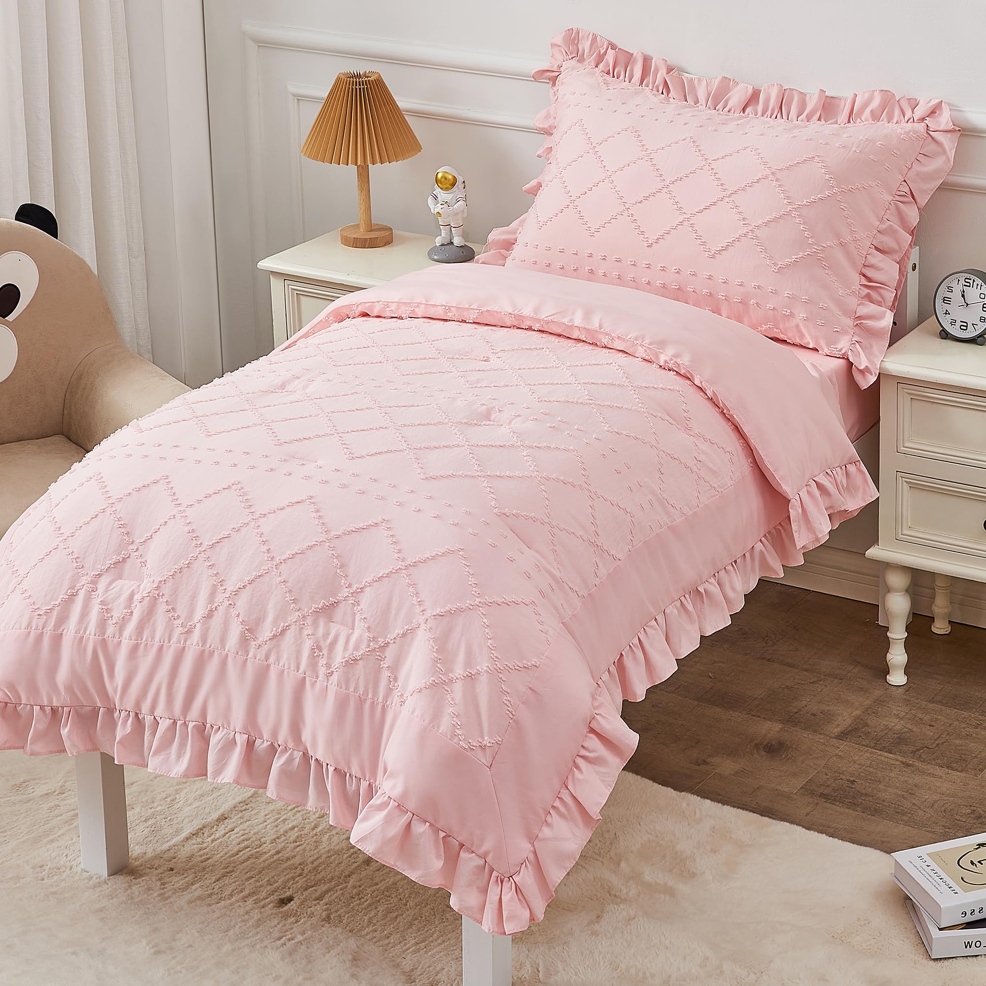 4 Piece Boho Tufted Toddler Bedding Set for Girls Pink Ruffle Crib Bed Sheets Set